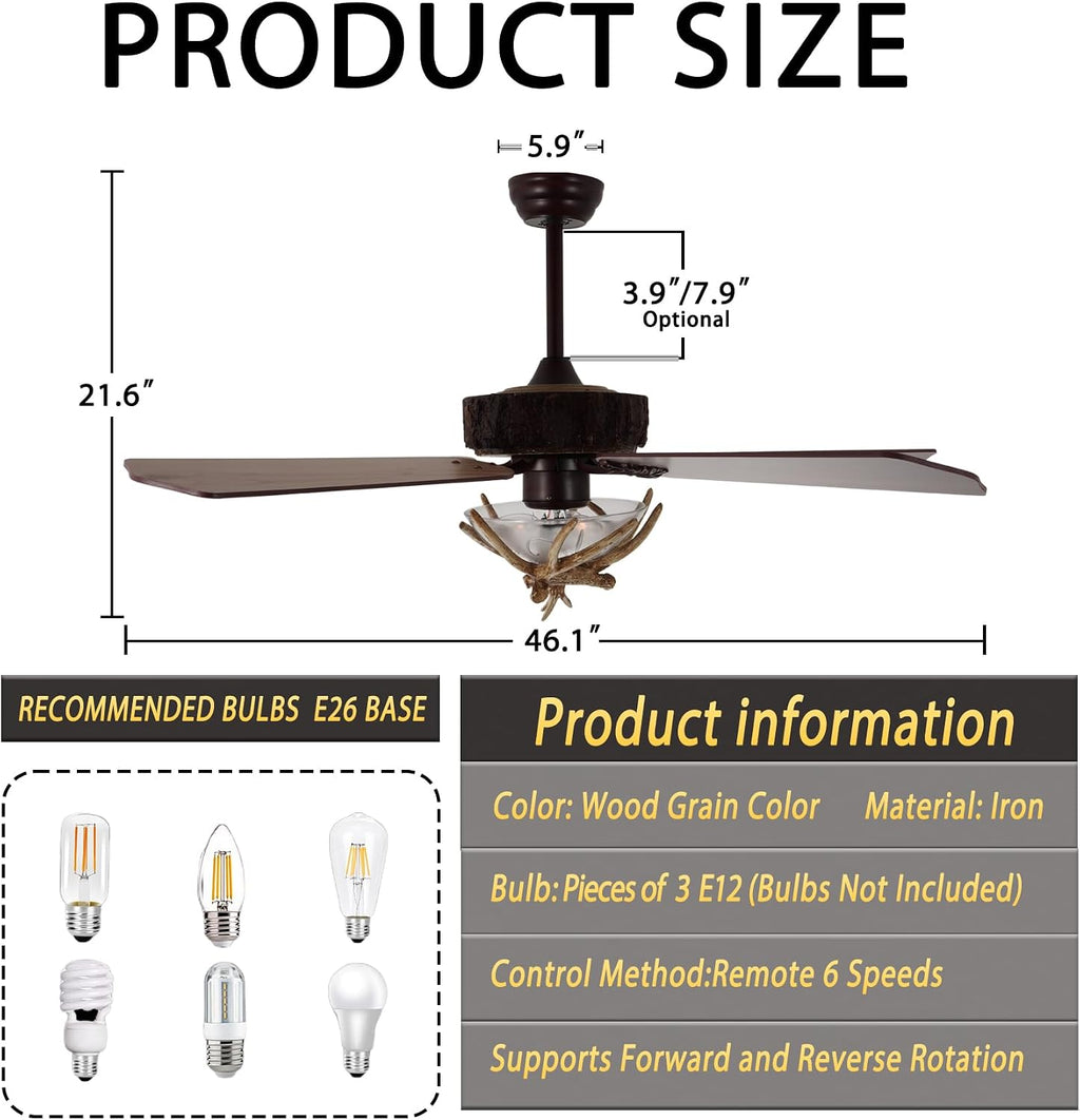 Fandian Antler Rustic Ceiling Fan with Lights and Remote, Modern Chandelier Fan Light, Indoor Cabin Electrical Fan with 5 Wood Blades, Farmhouse, Bedroom Living Room (D 46')