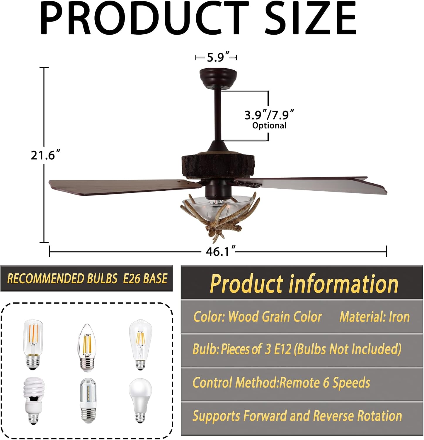 Fandian Antler Rustic Ceiling Fan with Lights and Remote, Modern Chandelier Fan Light, Indoor Cabin Electrical Fan with 5 Wood Blades, Farmhouse, Bedroom Living Room (D 46')