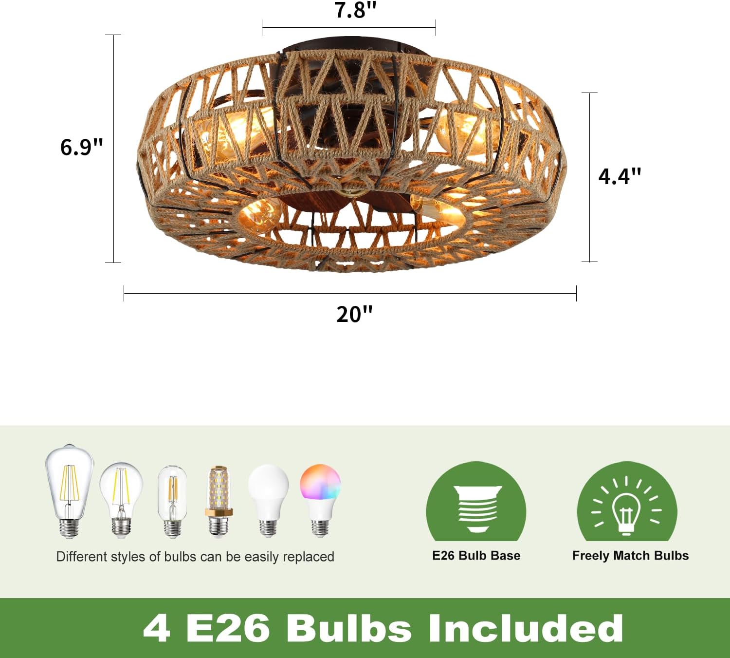 20 Inch Boho Caged Bladeless Ceiling Fan with Light,Flush Mount Rattan Fandelier Ceiling Fans Lights and Remote Contro,Enclosed 6 Speeds Low Profile Farmhouse Fan Light for Bedroom,Kitchen,Living Room