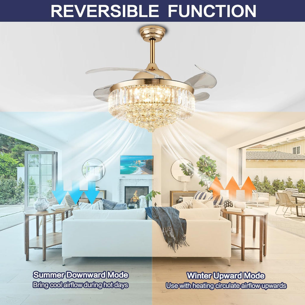36' Dimmable Gold Fandelier Crystal Ceiling Fans with Lights and Remote, Modern Chandelier Ceiling Fan with Invisible Retractable Blades for Bedroom Living Room 6 Speed