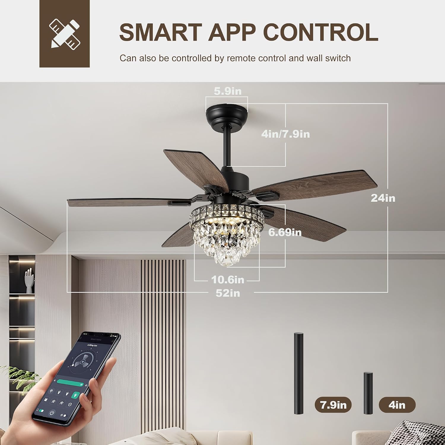 Chandelier Ceiling Fans with Lights and Remote,42in Chandelier Fan Ceiling,Crystal Ceiling Fan Fandelier with Lights,6 Speed 3 Timer Quiet Ceiling Fan for Bedroom (Black, 52 Inch)