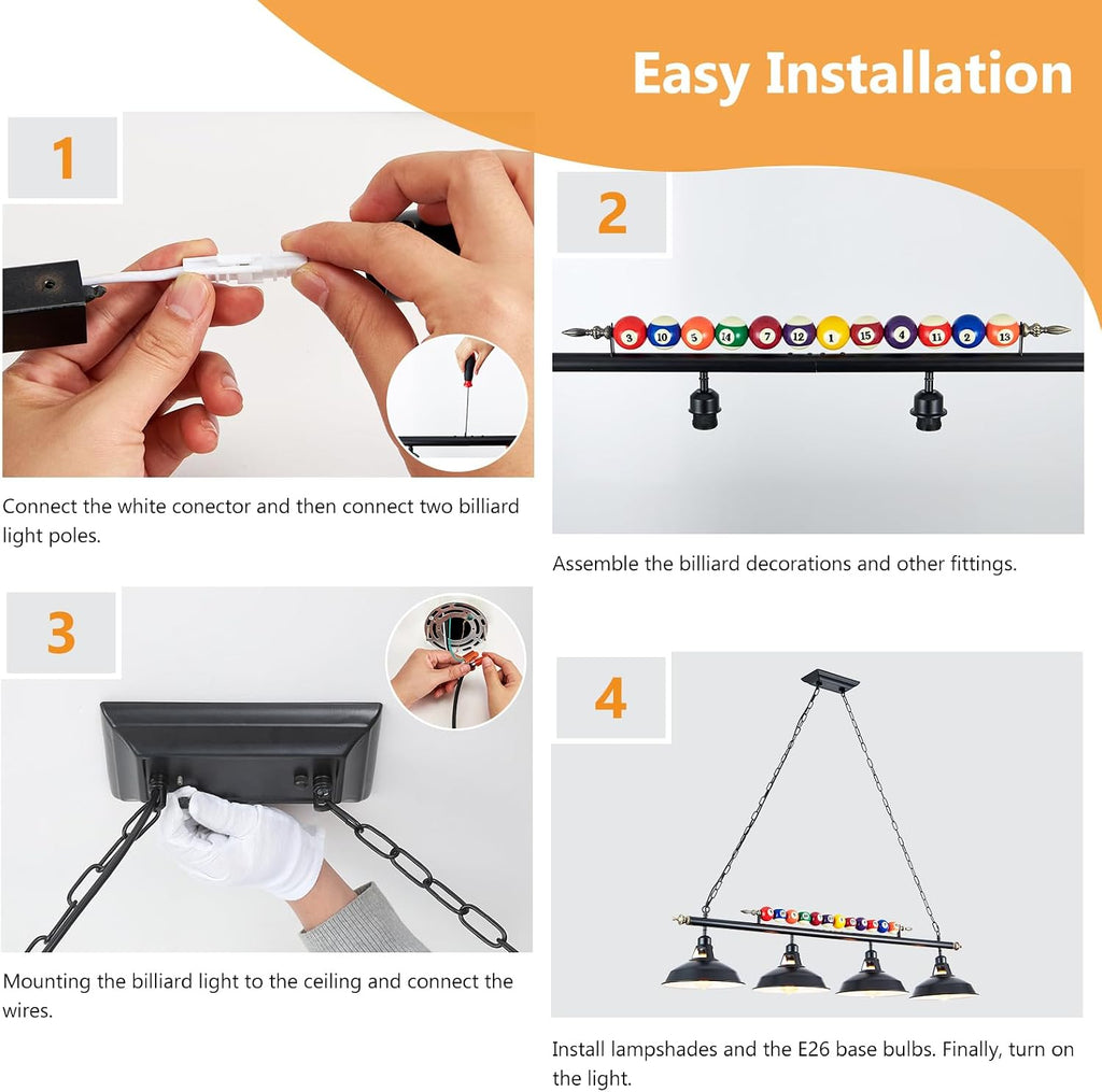 Billiard Pool Table Lights 4-Light Black Matte Metal Shades, 50'' Pool Table Lighting for 7'-8' Table, Billiard Light Suitable for Billiards Room, Snooker Table, Kitchen Island