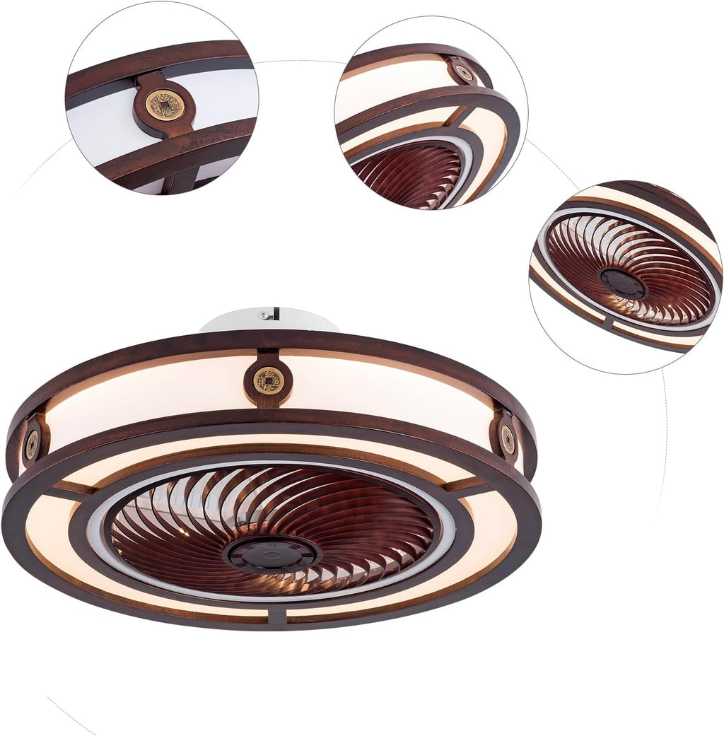 LOYALHEARTDY 20' Red Fandelier Ceiling Fan with LED Light Remote Control, 6-Speed 1/2/4H Timer Quiet Enclosed Low Profile Flush Mount Bladeless Ceiling Fan - Copper Coin