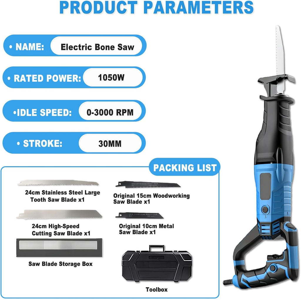 Reciprocating Saw 1050w, Electric Corded Sabre Saw 3000rpm Variable Speed Electric Saw, 4 Pcs Saw Blades, Tool-Free Blade Change, Reciprocating Saw for Cut Wood, Plastic and Soft Metal