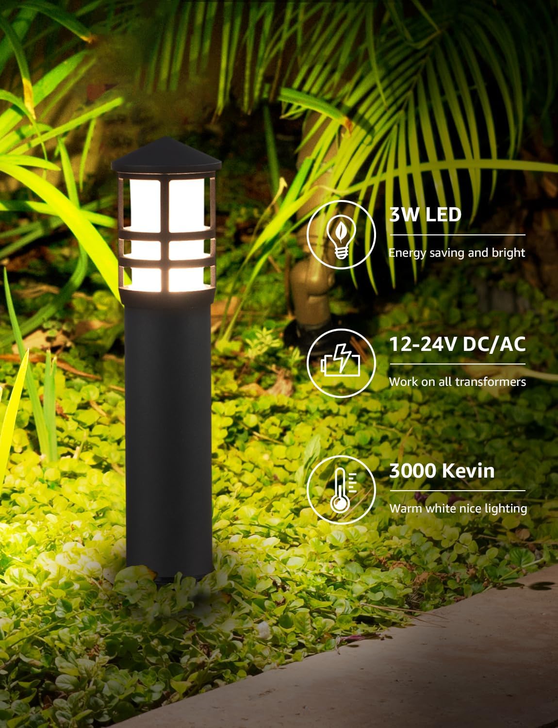 SUNVIE 8-Pack Low Voltage Pathway Lights 3W LED Landscape Pathway Lighting 3000K Warm White CRI 90+ Landscape Lights Wired 12-24V Aluminum Bollard Path Lights for Walkway Yard Garden, ETL Listed Cord