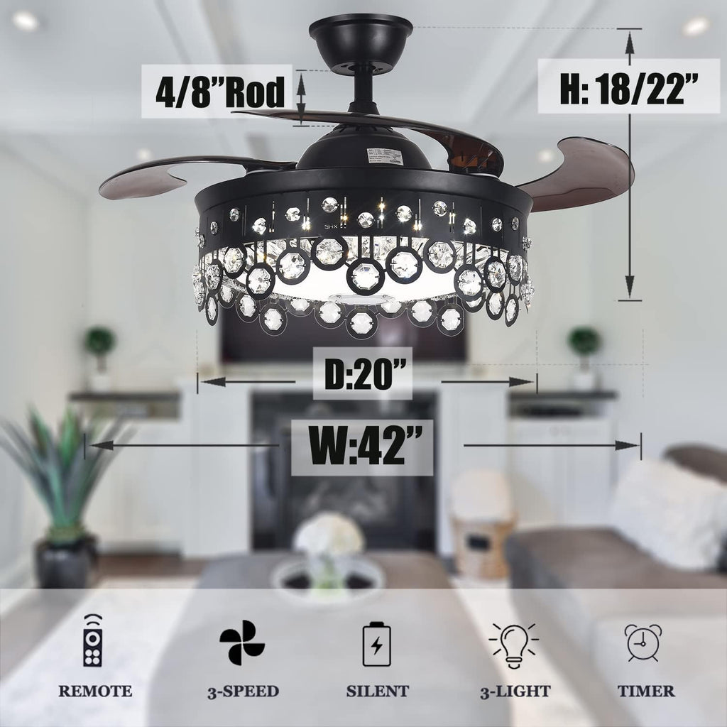 Fandian Retractable Ceiling Fan with Light, Modern 42' Bluetooth Speaker Dimmable Tunable 7 Color Lighting Black Chandelier Ceiling Fan Fandelier with Remote Control for Living Bedroom
