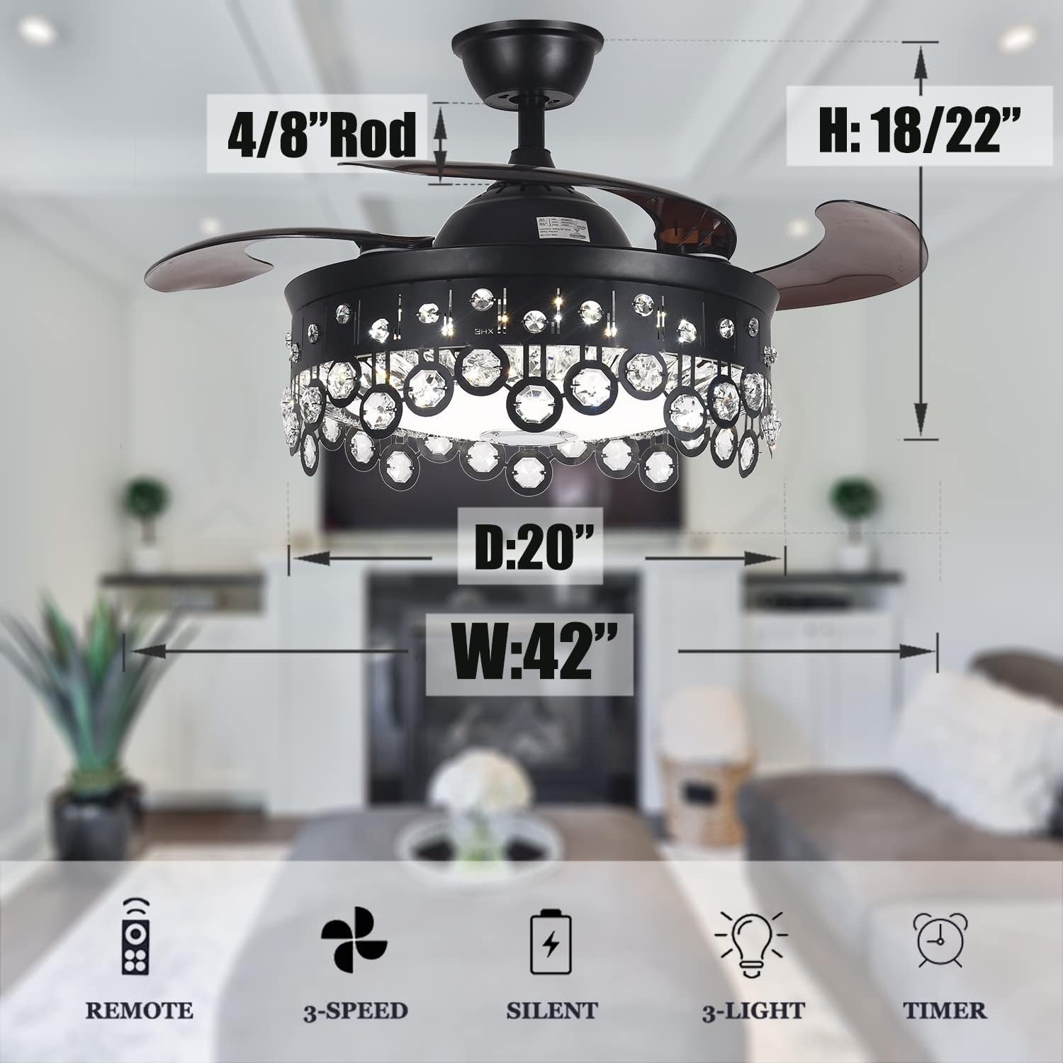 Fandian Retractable Ceiling Fan with Light, Modern 42' Bluetooth Speaker Dimmable Tunable 7 Color Lighting Black Chandelier Ceiling Fan Fandelier with Remote Control for Living Bedroom