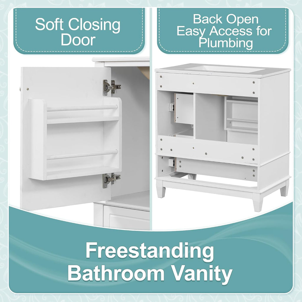 30' Modern Freestanding Bathroom Vanity with Ceramic Sink Top, 3 Drawers & Storage Shelves - MDF & Solid Wood Base