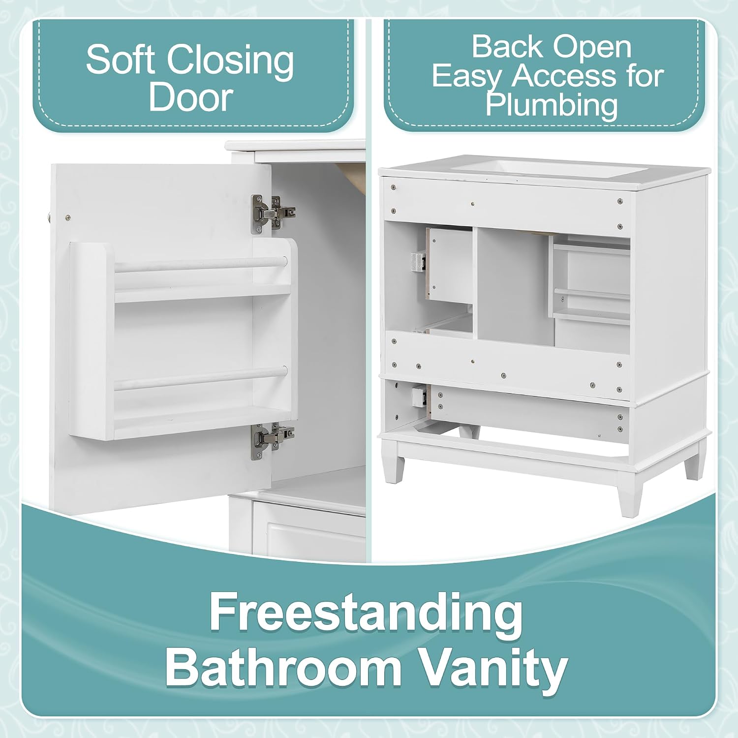 30' Modern Freestanding Bathroom Vanity with Ceramic Sink Top, 3 Drawers & Storage Shelves - MDF & Solid Wood Base