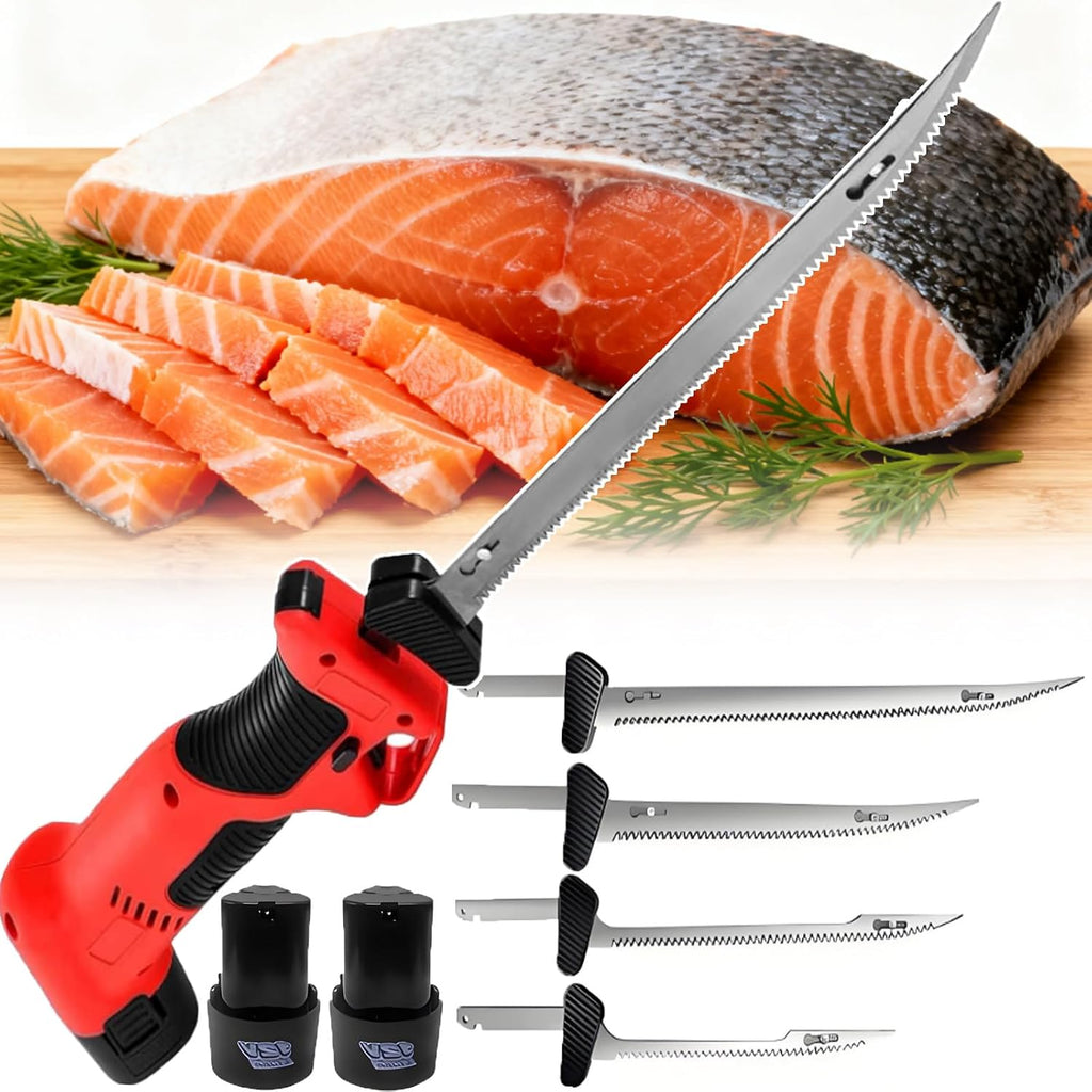 Heavy-Duty Cordless Electric Fillet Knife For Professionals | Cordless Reciprocating Fish Filet Saw with 4 Blades, Dual 2000mAh Batteries, 50-Min Charge,For Bulk Fish & Meat Processing