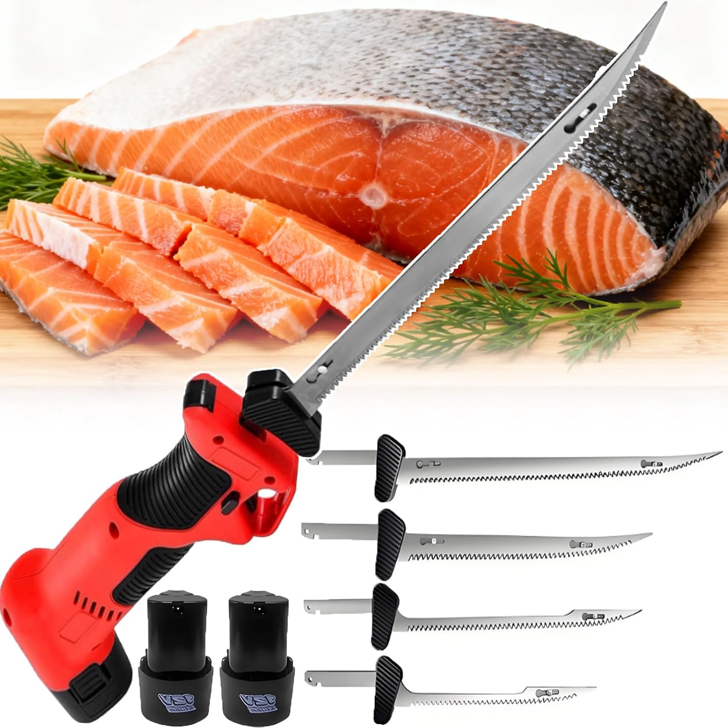 Heavy-Duty Cordless Electric Fillet Knife For Professionals | Cordless Reciprocating Fish Filet Saw with 4 Blades, Dual 2000mAh Batteries, 50-Min Charge,For Bulk Fish & Meat Processing