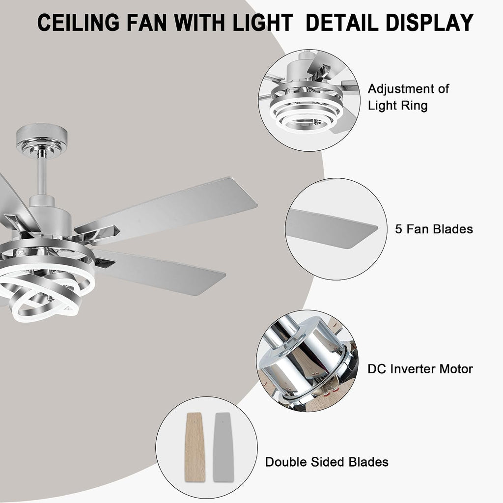 52' Chandelier Ceiling Fans with Lights Remote Control, Farmhouse Ceiling Fan with Light, DIY Rings LED Fandelier Ceiling Fan with Reversible DC Motor 6 Speeds Dimmable for Living Room Bedroom