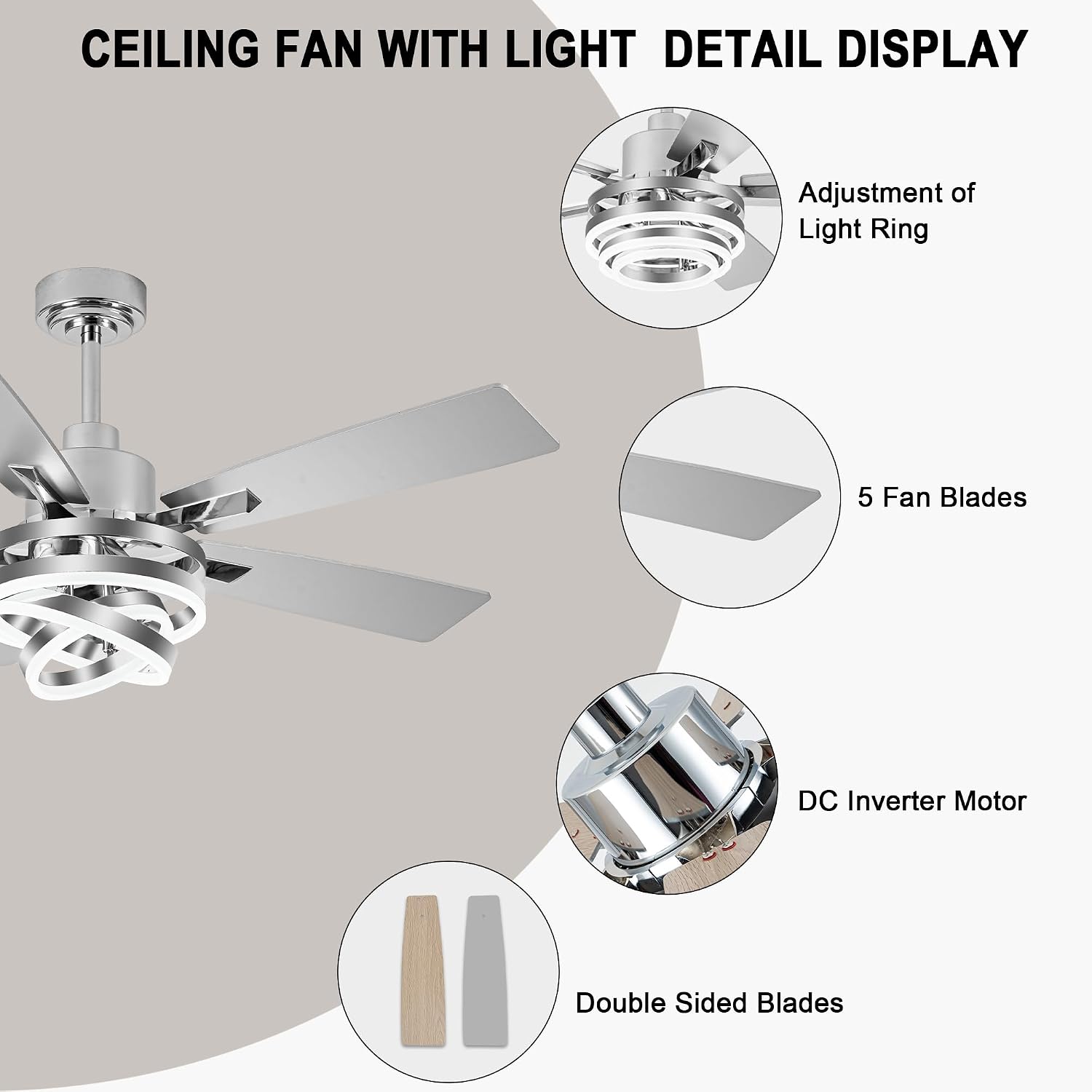 52' Chandelier Ceiling Fans with Lights Remote Control, Farmhouse Ceiling Fan with Light, DIY Rings LED Fandelier Ceiling Fan with Reversible DC Motor 6 Speeds Dimmable for Living Room Bedroom