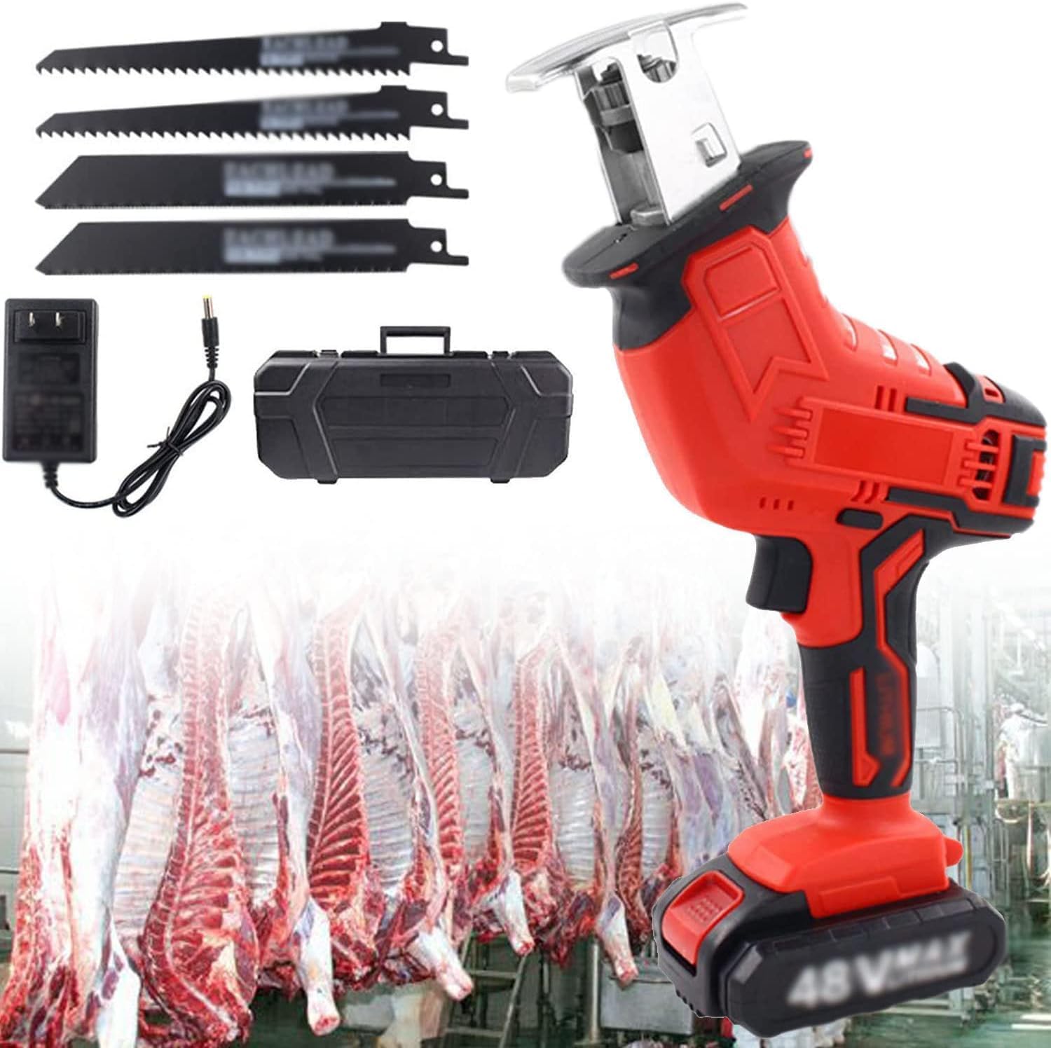 Butcher Bone Saw, Reciprocating Saws 48V, with 4 Blades Cordless Electric Sabre Saw, Tool-Free Blade Change, with 1500mAh Batteries & Fast Charger
