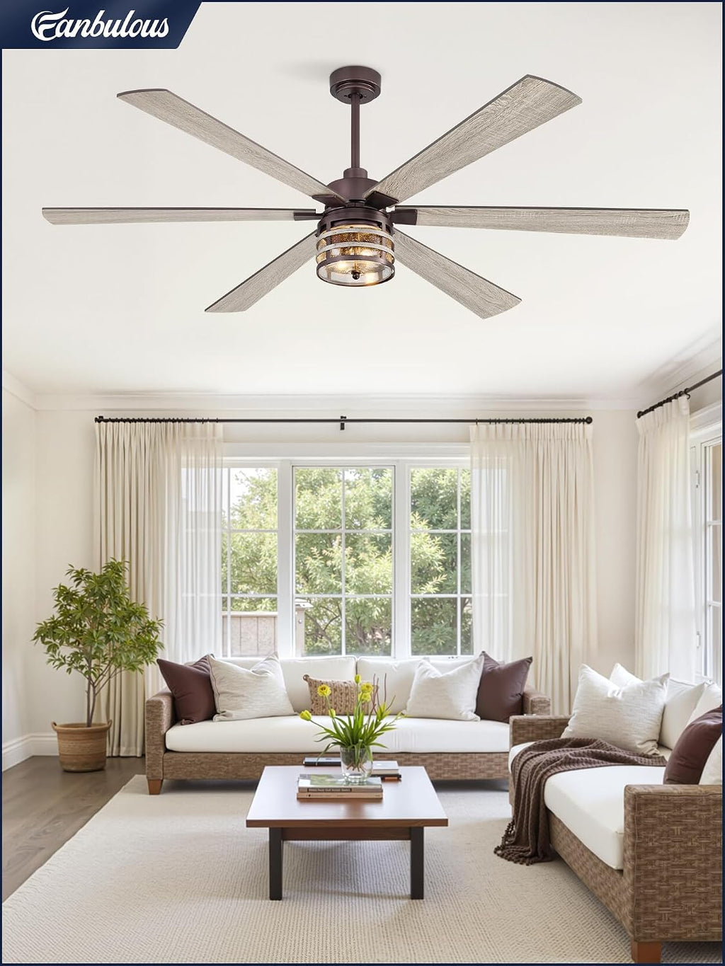 72 Inch Farmhouse Ceiling Fans with Lights and Remote,Industrial Large Ceiling Fan with 6-Speed Reversible DC Motor and 6 Dual Finish Blades,Oil Bronze Ceiling Fan with Light for Living Bedroom Patio