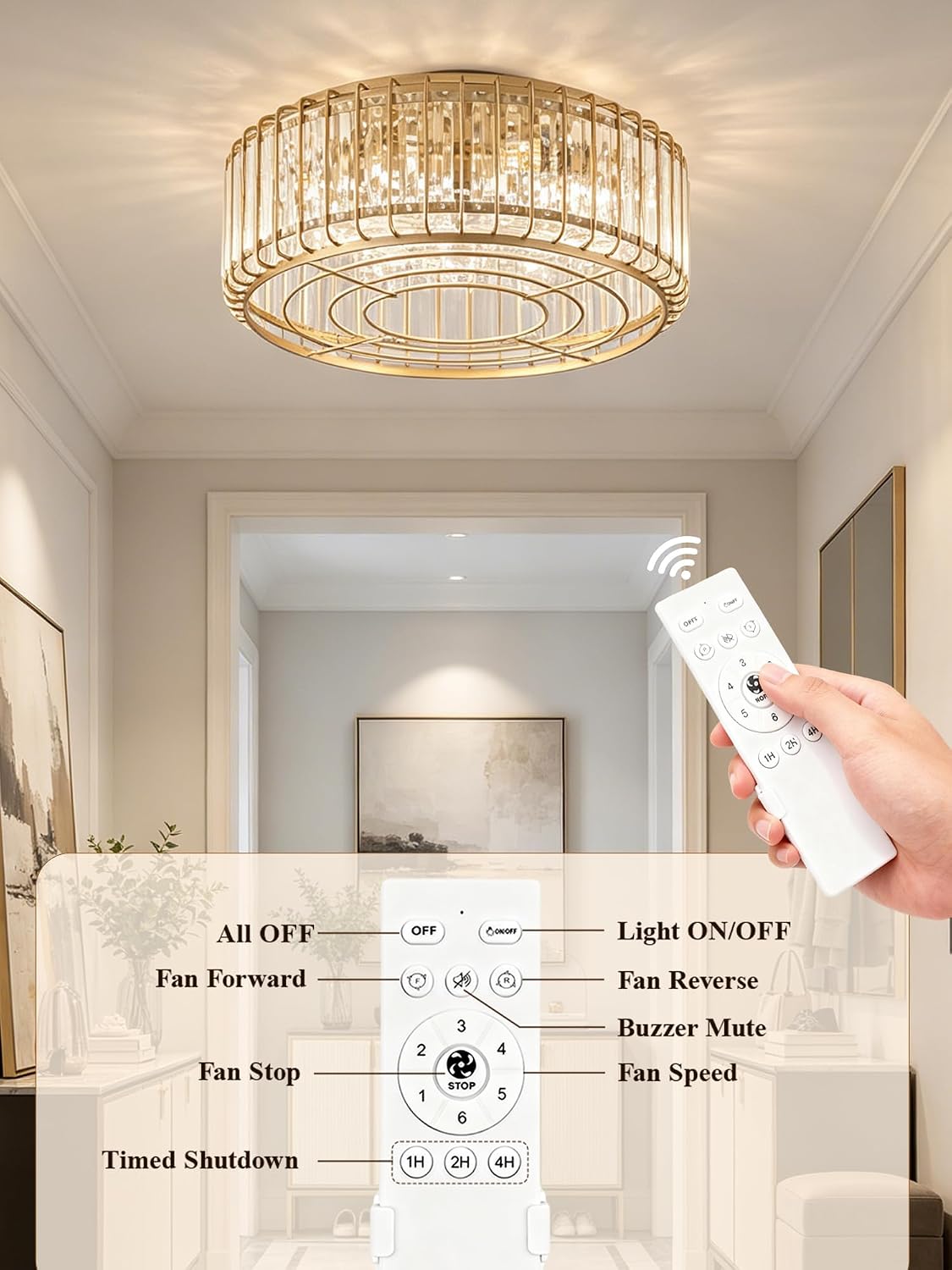 20inch Flush Mount Caged Ceiling Fans with Lights Fandelier | Gold Crystal Ceiling Fan with Light and Remote, Low Profile Mid Century with 6 Speeds for Bedroom Nursery Living Room