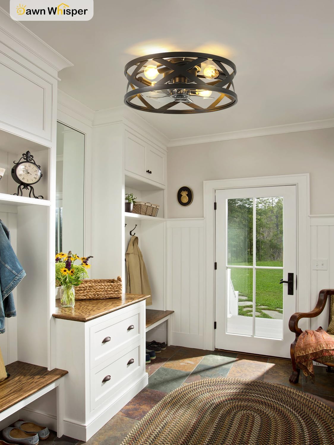 Dawn Whisper 20'' Farmhouse Ceiling Fans with Lights Flush Mount Ceiling Fans with Lights Industrial Black Caged Ceiling Fan with Light for Bedroom Living Room