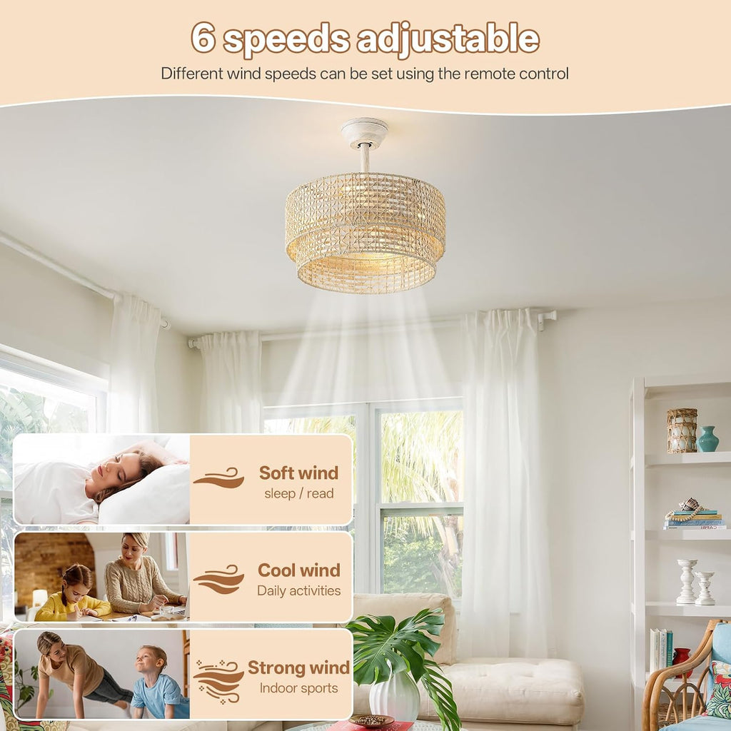 20' Boho Ceiling Fans with Lights, Rattan Fandelier Chandelier Ceiling Fan with Light Remote Control, Caged with 6 Speeds for Bedroom, Nursery