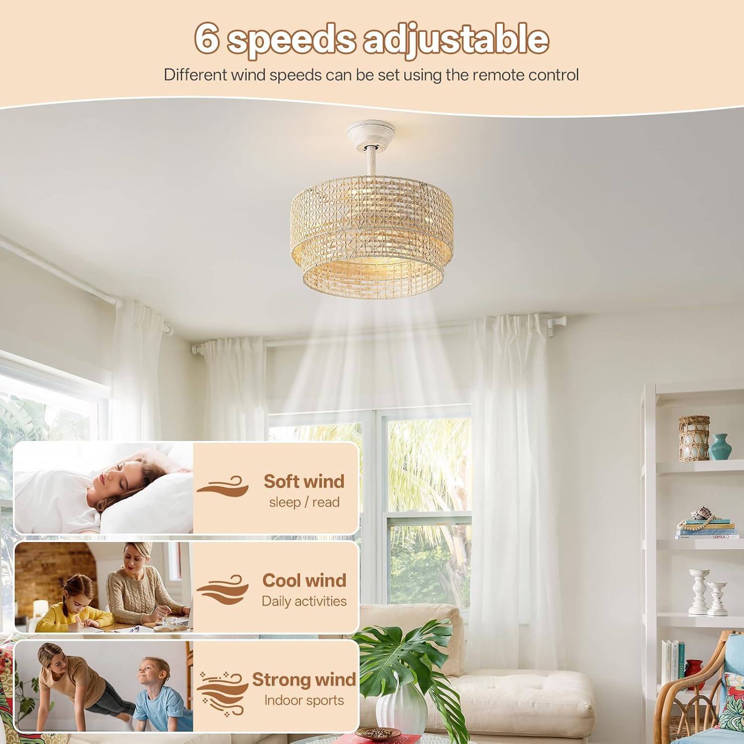 20' Boho Ceiling Fans with Lights, Rattan Fandelier Chandelier Ceiling Fan with Light Remote Control, Caged with 6 Speeds for Bedroom, Nursery