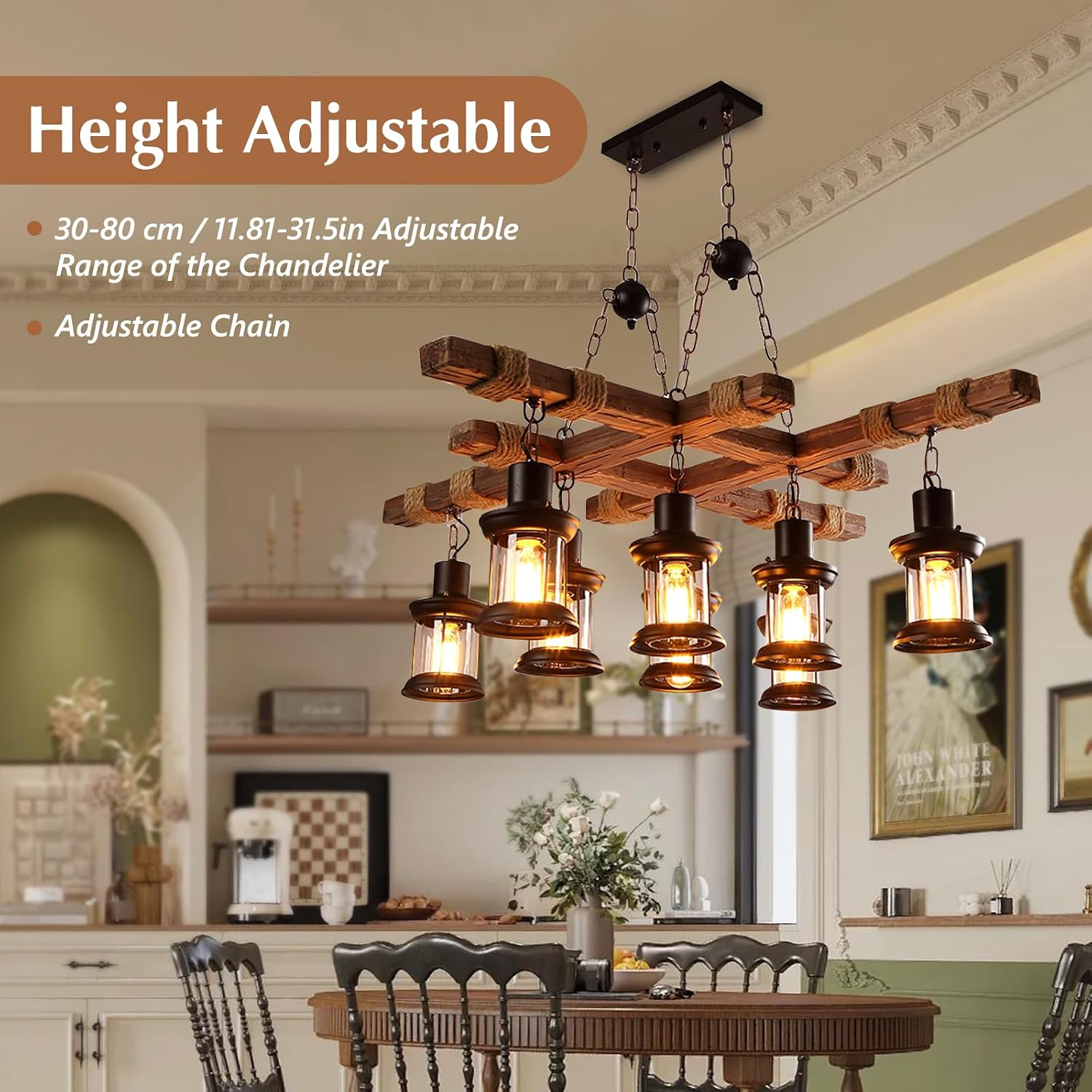 8-Head Industrial Wooden Chandeliers, Vintage Wooden Chandeliers, Durable Vintage Lamps, Retro Ceiling Light, Farmhouse Chandelier Hanging, for Pool Table Kitchen Bar