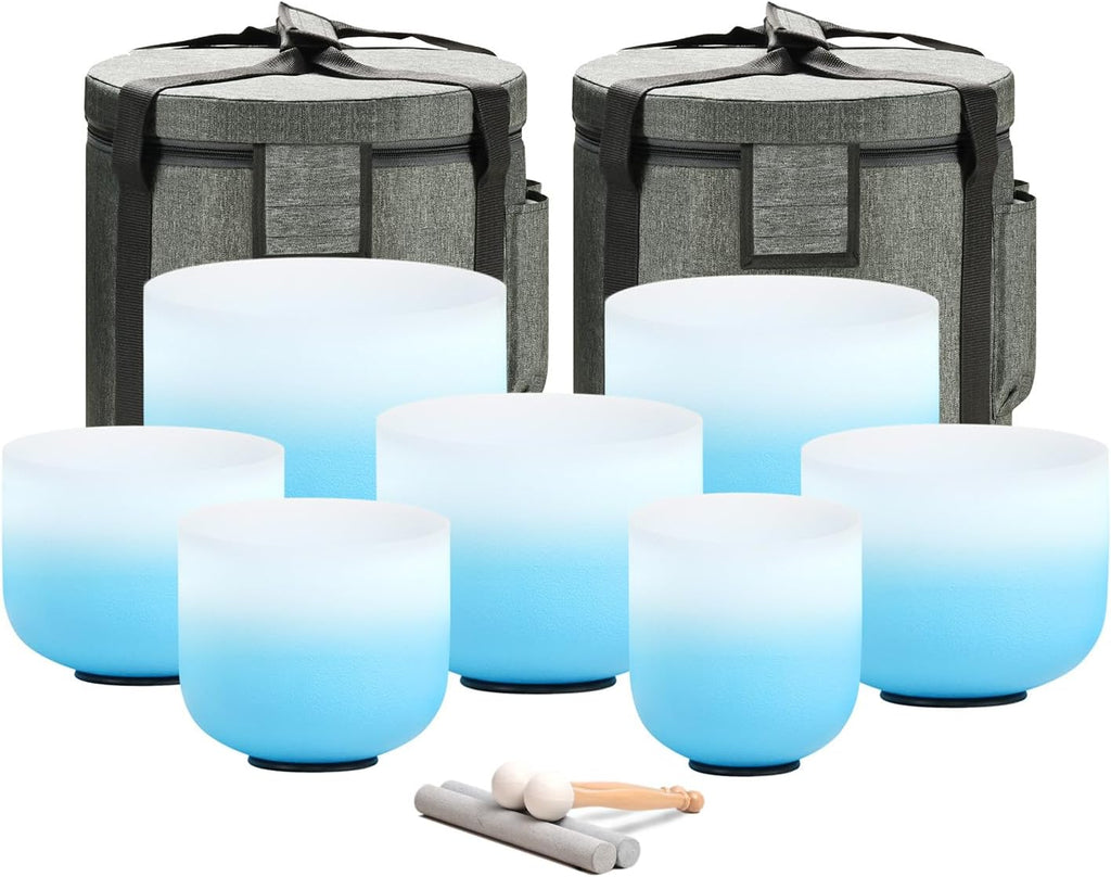 CVNC 432HZ 6-12 Inch Azure Blue Color Aria Gradient Design Frosted Quartz Crystal Singing Bowls Chakra Set of 7 with Carry Case Bags for Sound Healing and Meditation