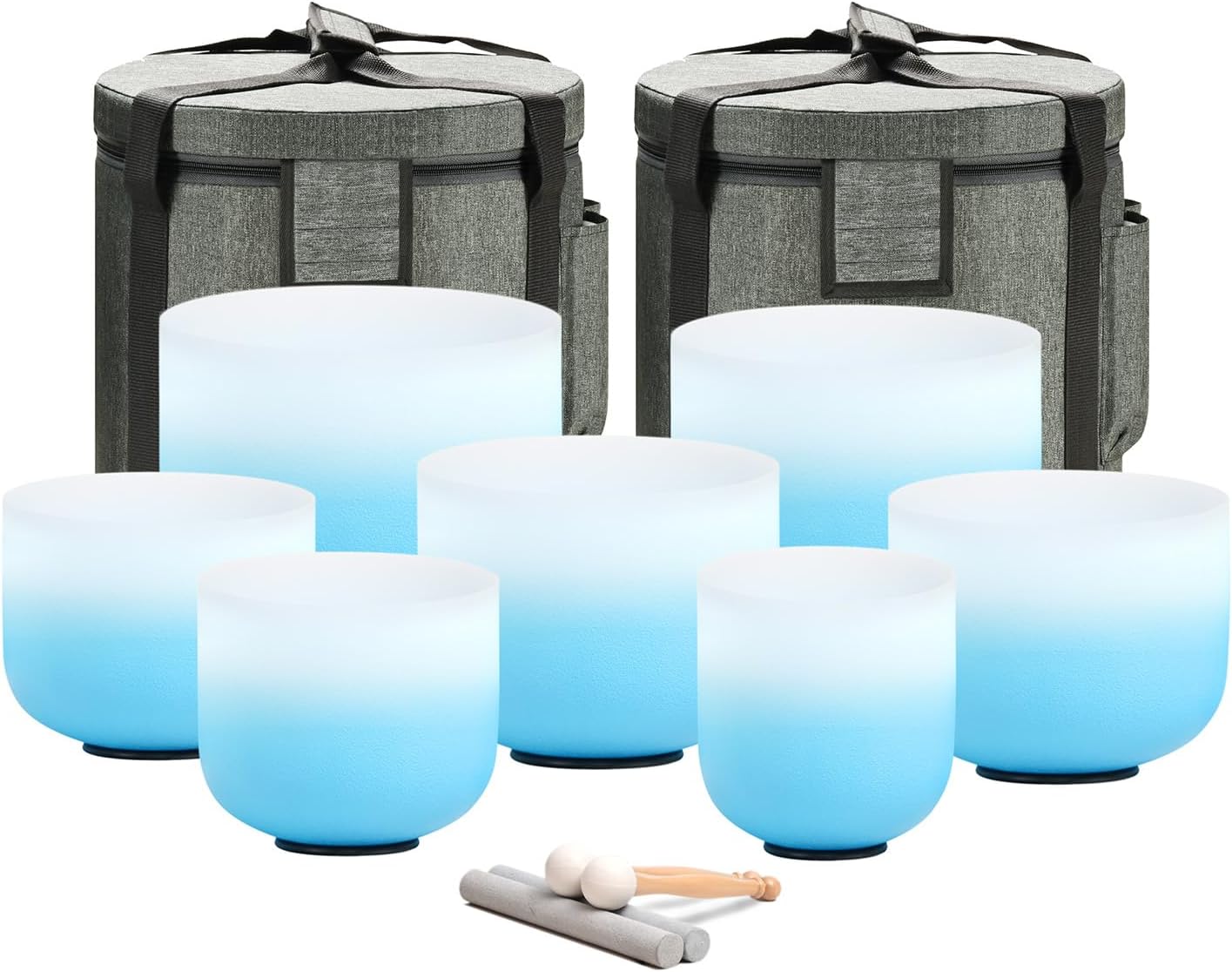 CVNC 432HZ 6-12 Inch Azure Blue Color Aria Gradient Design Frosted Quartz Crystal Singing Bowls Chakra Set of 7 with Carry Case Bags for Sound Healing and Meditation