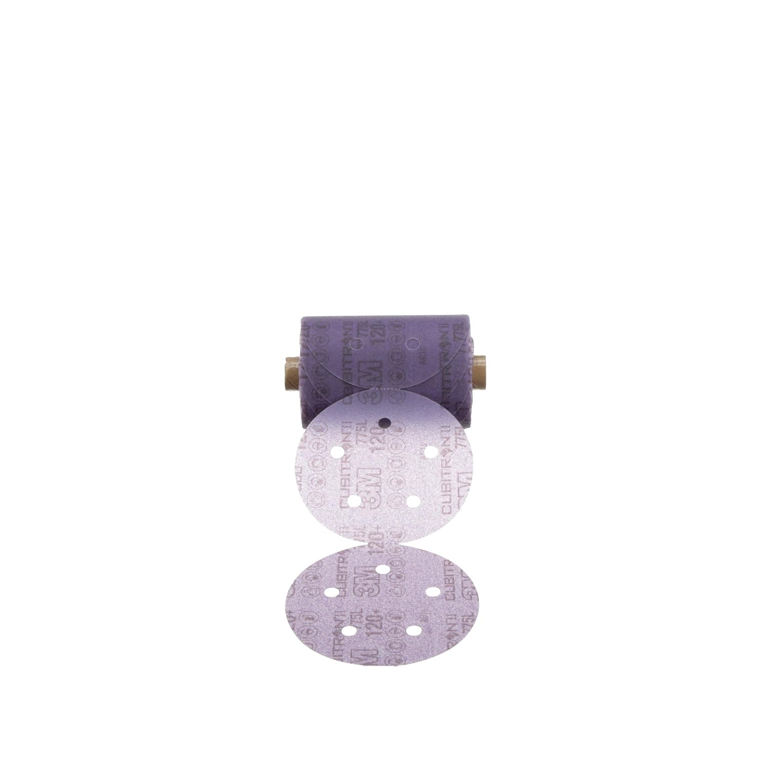 3M Cubitron II Stikit Film Disc Roll 775L, 5 in x NH, 5 Hole, D/F, 120+, 3MIL, Die 500FH, 125 Discs per roll