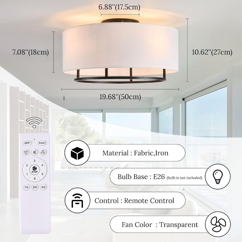 20' Black Boho Caged Linen Low Profile Ceiling Fan with Remote, 6 Speeds