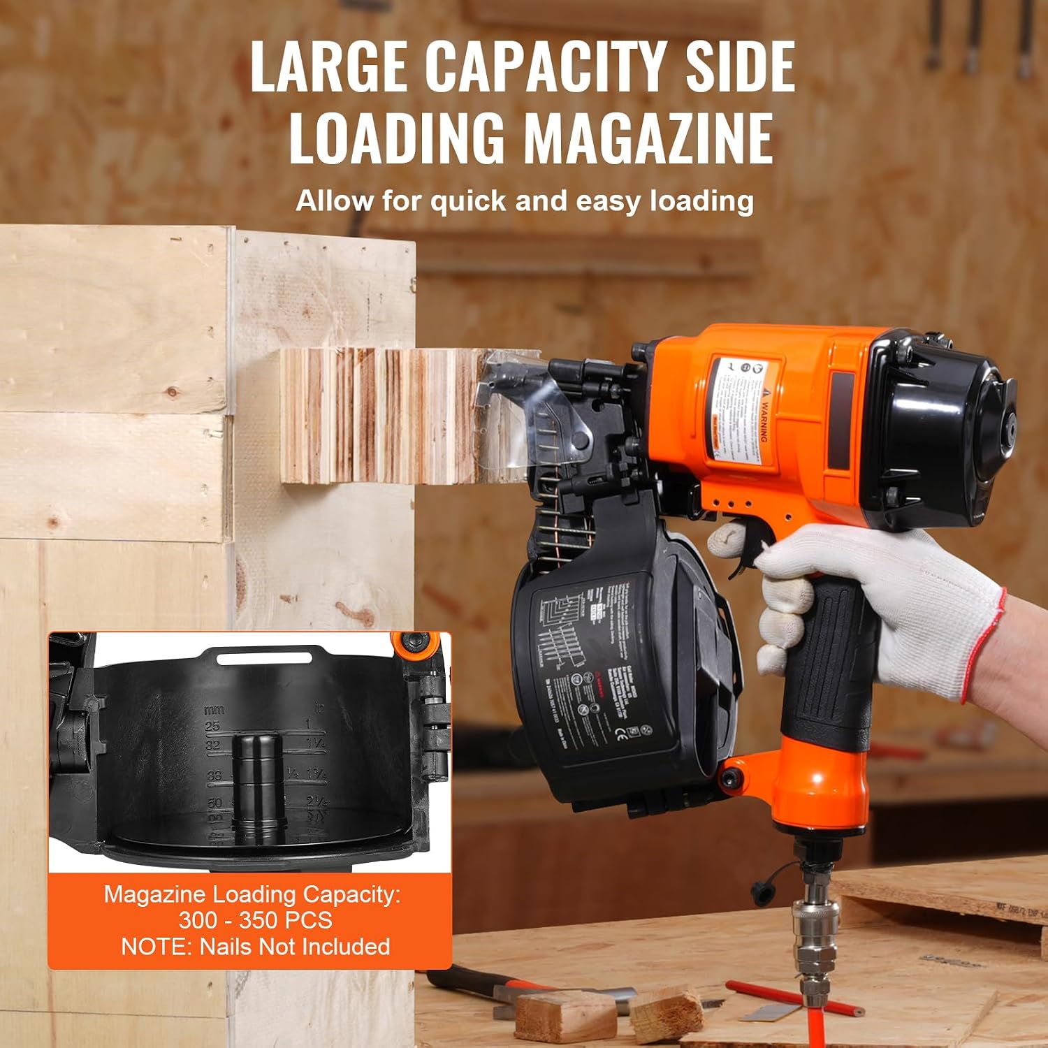Happybuy Coil Siding Nailer MCN55, 1 inch to 2-1/4 inch 15 Degree Pneumatic Siding Nail Gun, 70-120PSI Air Coil Nailer for Siding, Pallet Sheathing, Fencing, Decking