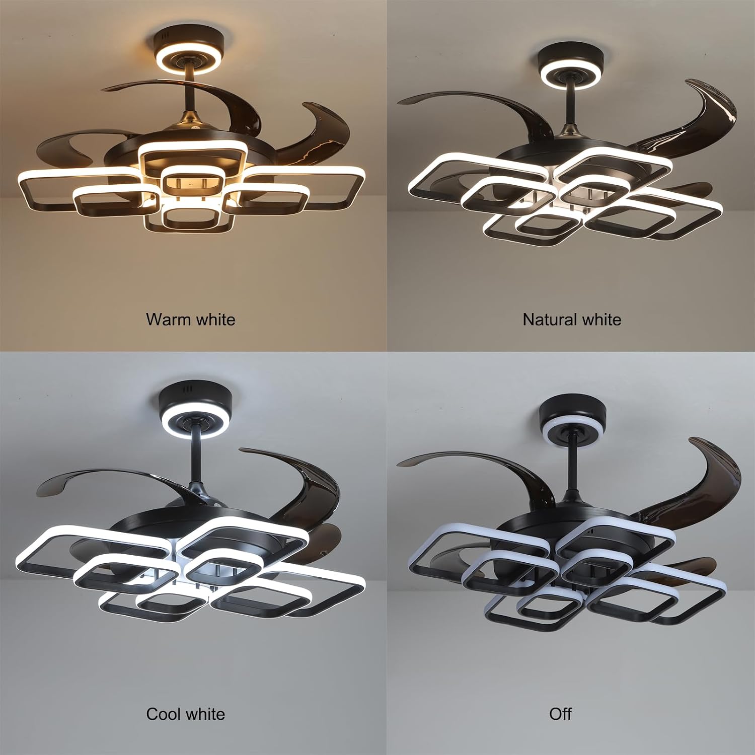 48 Inch Retractable Fandelier Ceiling Fan Chandelier with Lights and Remote for Bedroom Indoor Decoration, 3 Color Changeable, Dimmable with App, Timer Setting, Black