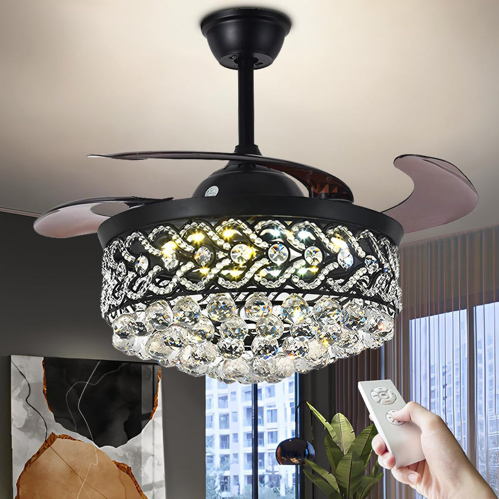 42' Black Love Luxury Crystal Ceiling Fan with Light 3 Color 3 Speed Modern Chandelier Fan with Remote Control Retractable Blades Fandelier for Living Room Bedroom