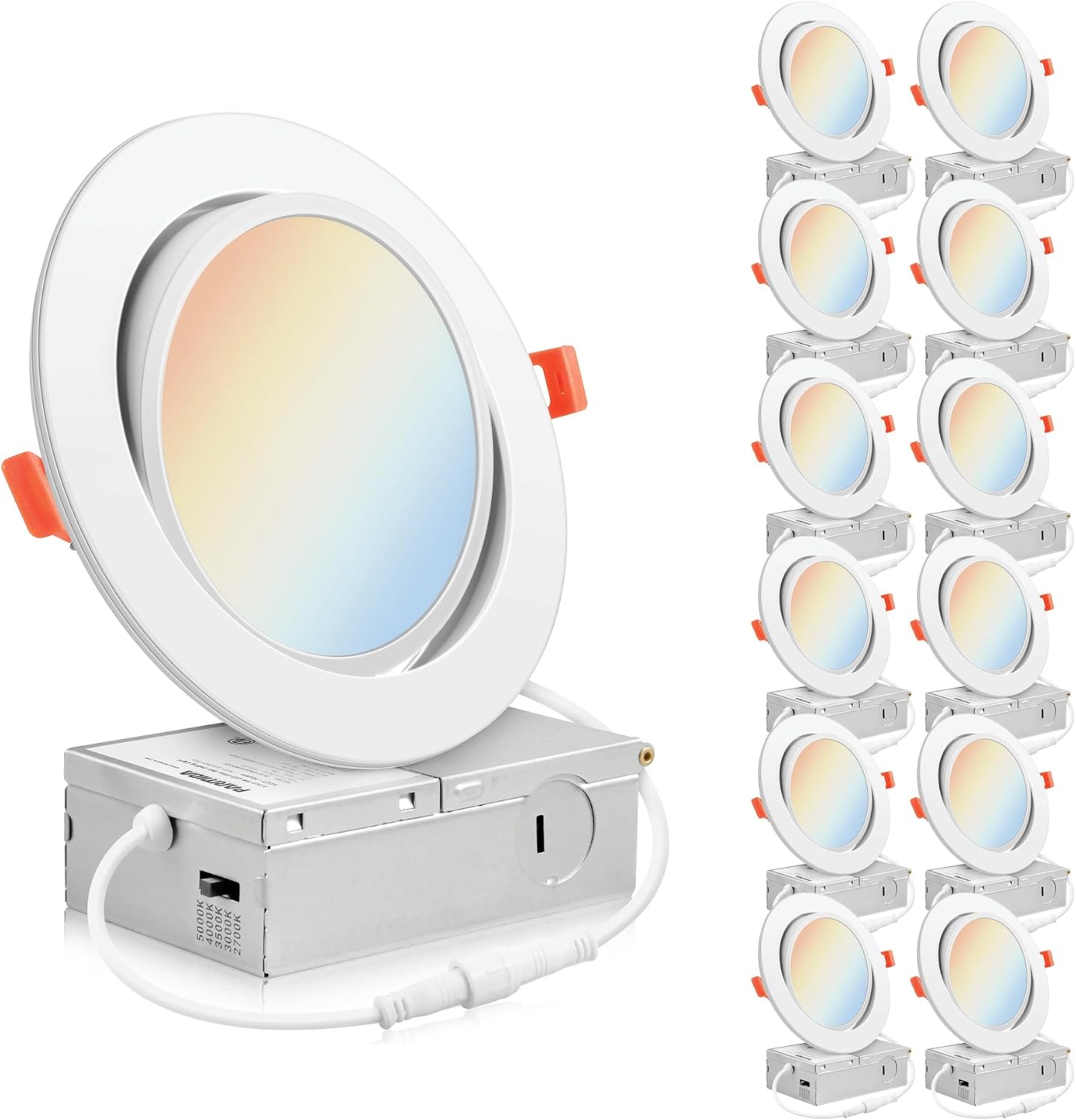 PARMIDA (12 Pack) 6 Inch 5CCT Ultra-Thin LED Adjustable Gimbal Recessed Lighting with J-Box, 2700K/3000K/3500K/4000K/5000K 5 Color Selectable, 12W, Eyeball Canless Slim Panel Lights, Dimmable, IC, ETL