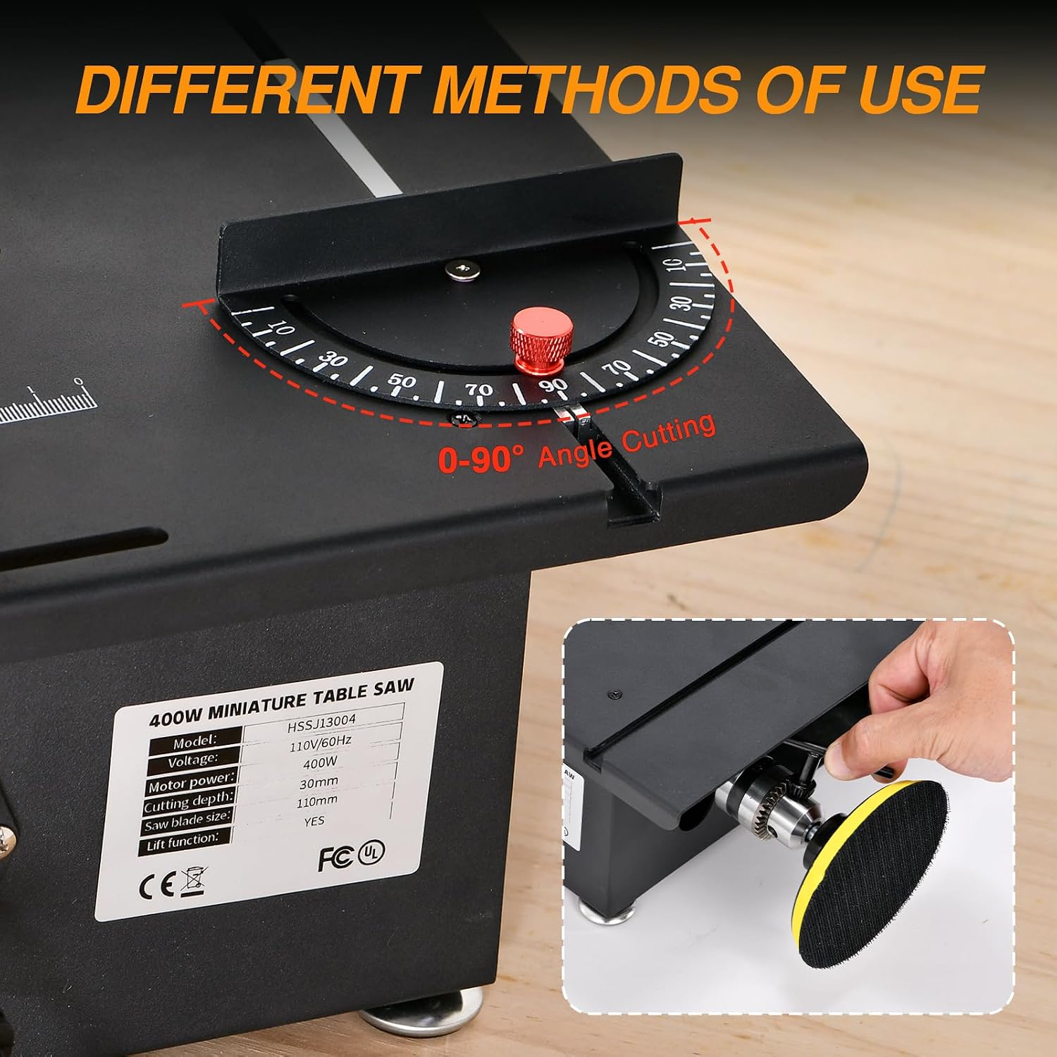Upgraded 400W Mini Table Saw, Desktop Electric Saw for Crafts, Speed & Angle Adjustable, Cutting/Sanding/Engraving/Drilling All-in-One for DIY Wood/PCB/Acrylic/Plastic (0-30mm Liftable, Black)