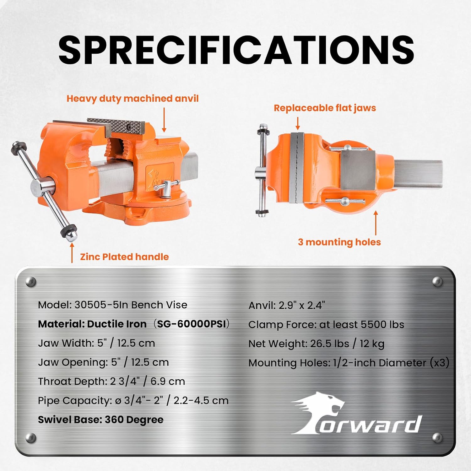 Forward Bench Vise 5 Inch Ductile Iron Bench Vice with 360 Degree Swivel Base and Channel Steel Guide Bar 30505 (5')