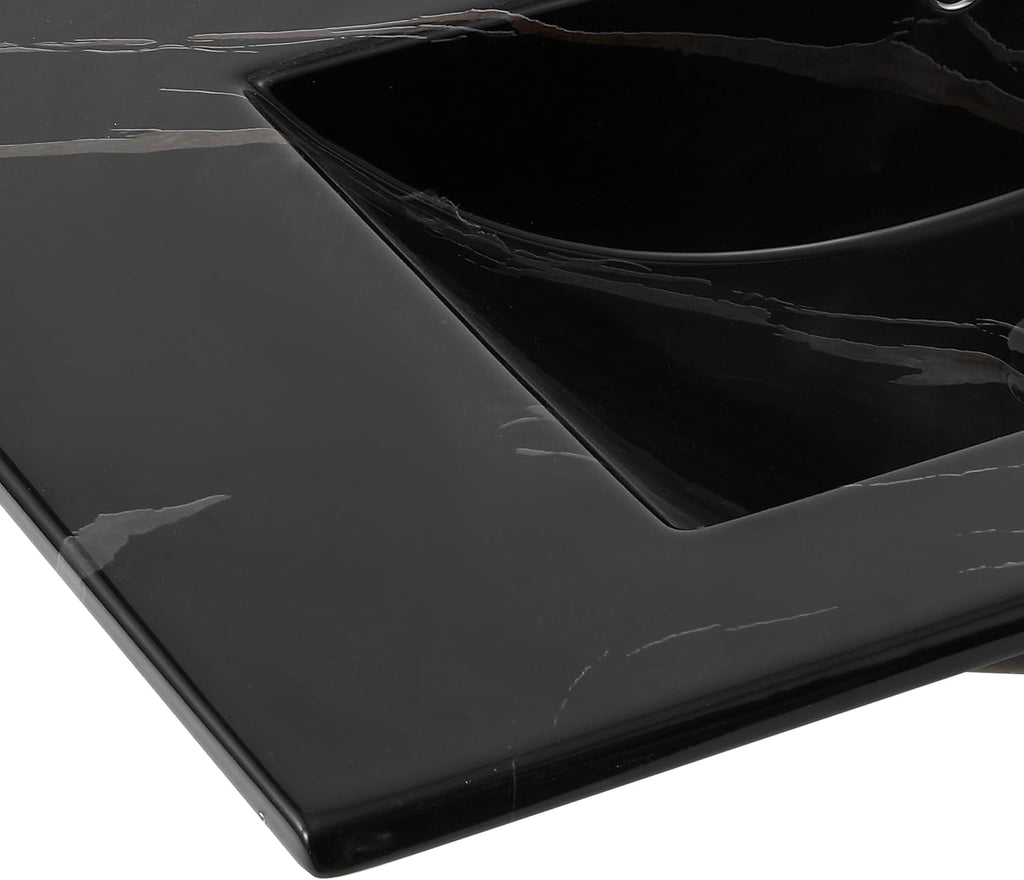 JONATHAN Y Ancillary 30 in. W x 18.25 in. D Ceramic Vanity Sink Top with 3-Hole Rectangular Single Sink Basin, Black Marble Effect SNK1002D