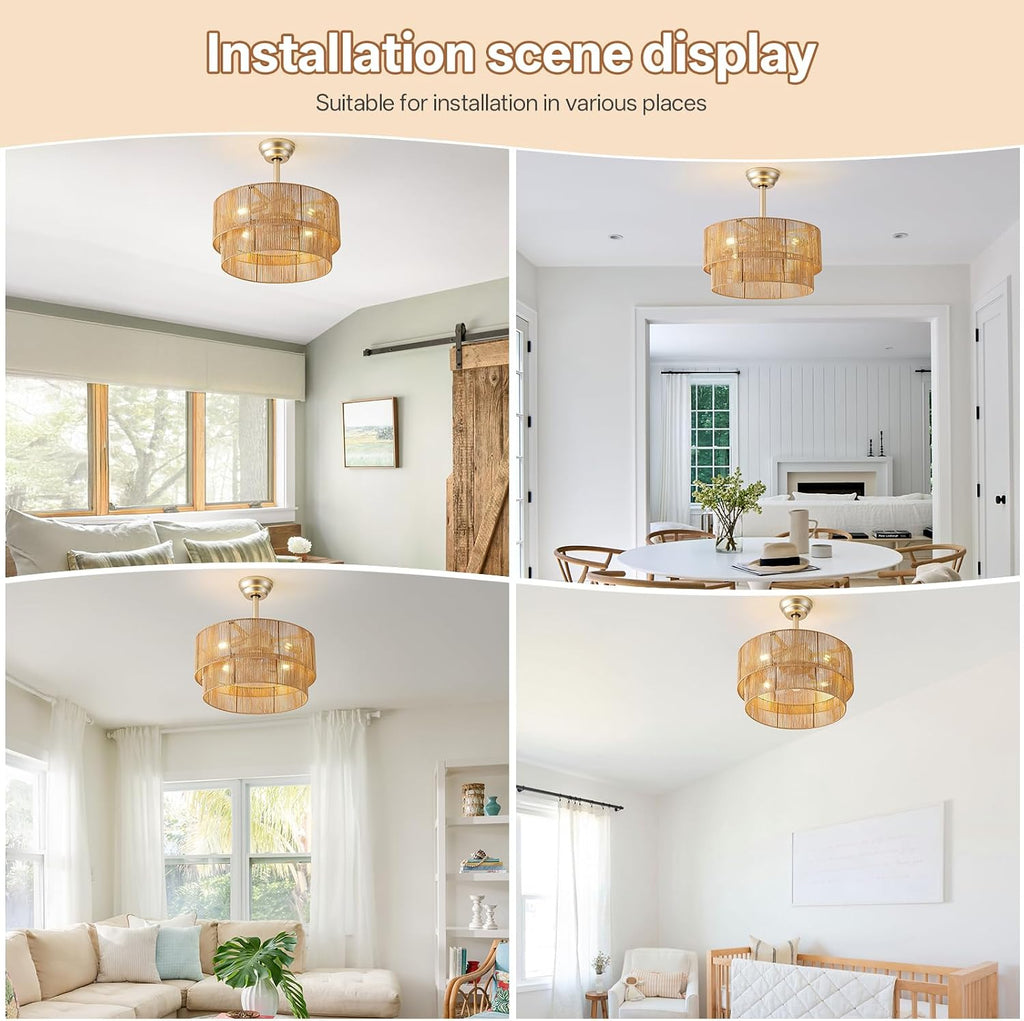 20' Caged Boho Ceiling Fans with Lights, Rattan Fandelier Chandelier Ceiling Fan with Light Remote Control with 6 Speeds for Bedroom, Nursery