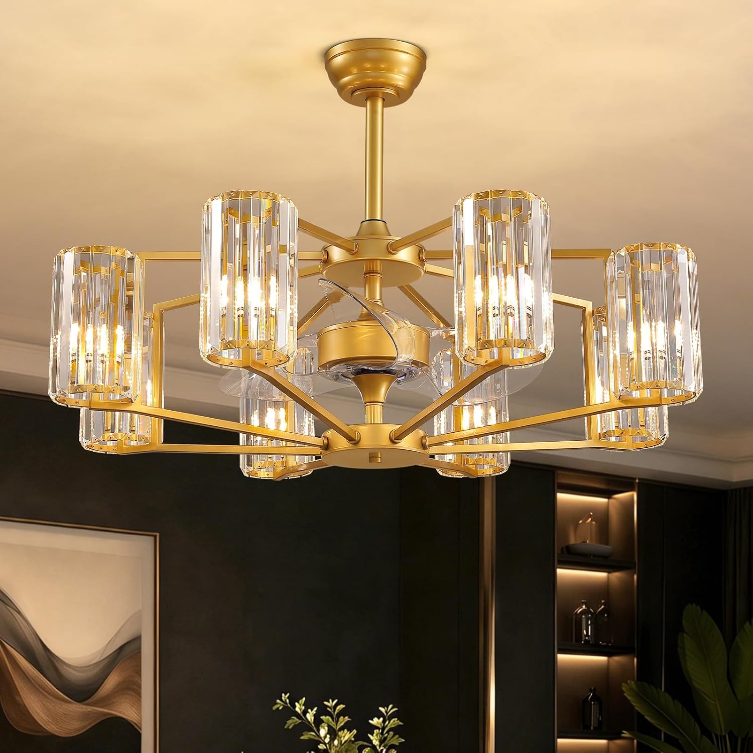 36' Large Crystal Fandelier Dimmable 6-Light Vintage Flush Mounted Chandelier Ceiling Fan Gold Ceiling Fans with Lights and Remote for Dining Living Room Kitchen