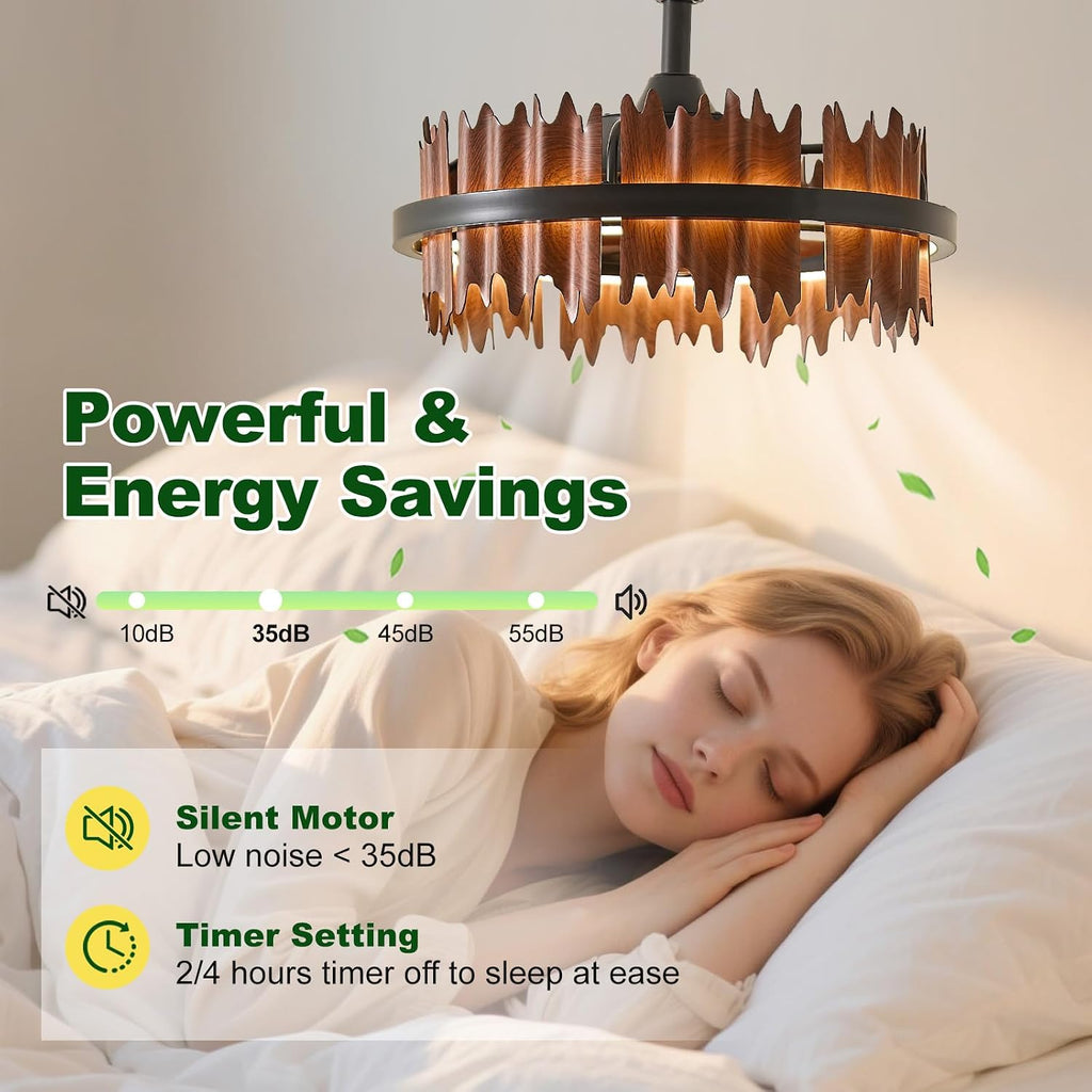 19.7' Rustic Caged Ceiling Fan with Light, Farmhouse Wood Fandelier Ceiling Fan, 6 Speed and Reversible, Dimmable LED Chandelier Fan with Charred Leaves for Bedroom, Kitchen, Living Room