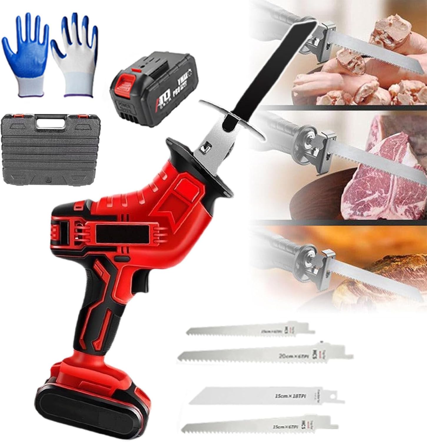 Portable Reciprocating Saw, Electric Cutting Saw with 4 Saw Blades for Fast Cuts in Wood, Metal, Plastic, Cutting Saws for Factories, Schools, Kitchens, with 12 Pairs of Gloves