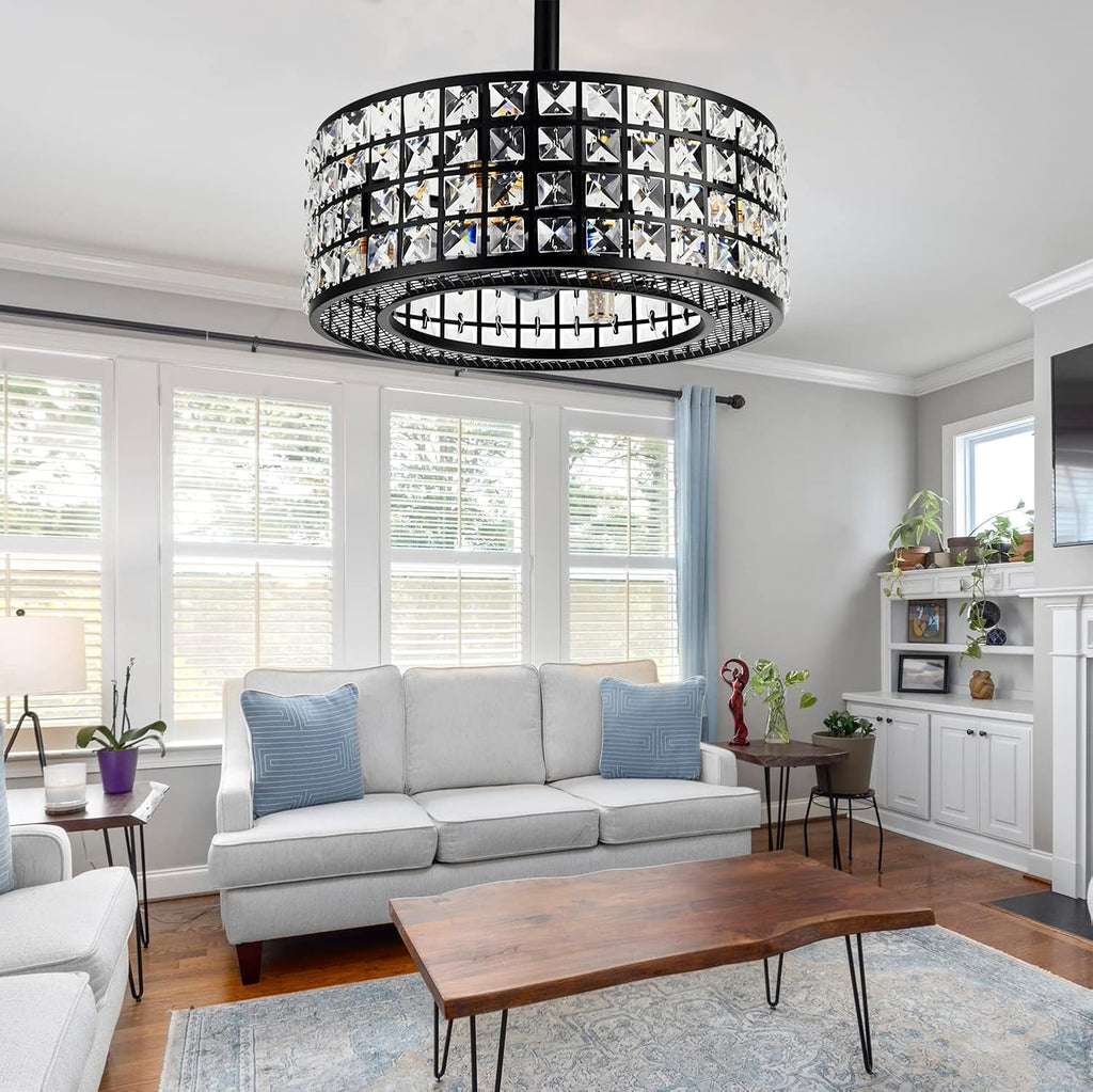 Fandian 18' Industrial Caged Ceiling Fan with Light,Bladeless Fan with 3 Speeds, Black Farmhouse Crystal Fandelier with Remote Control, Vintage Crystal Chandelier Fan for Dining Bedroom
