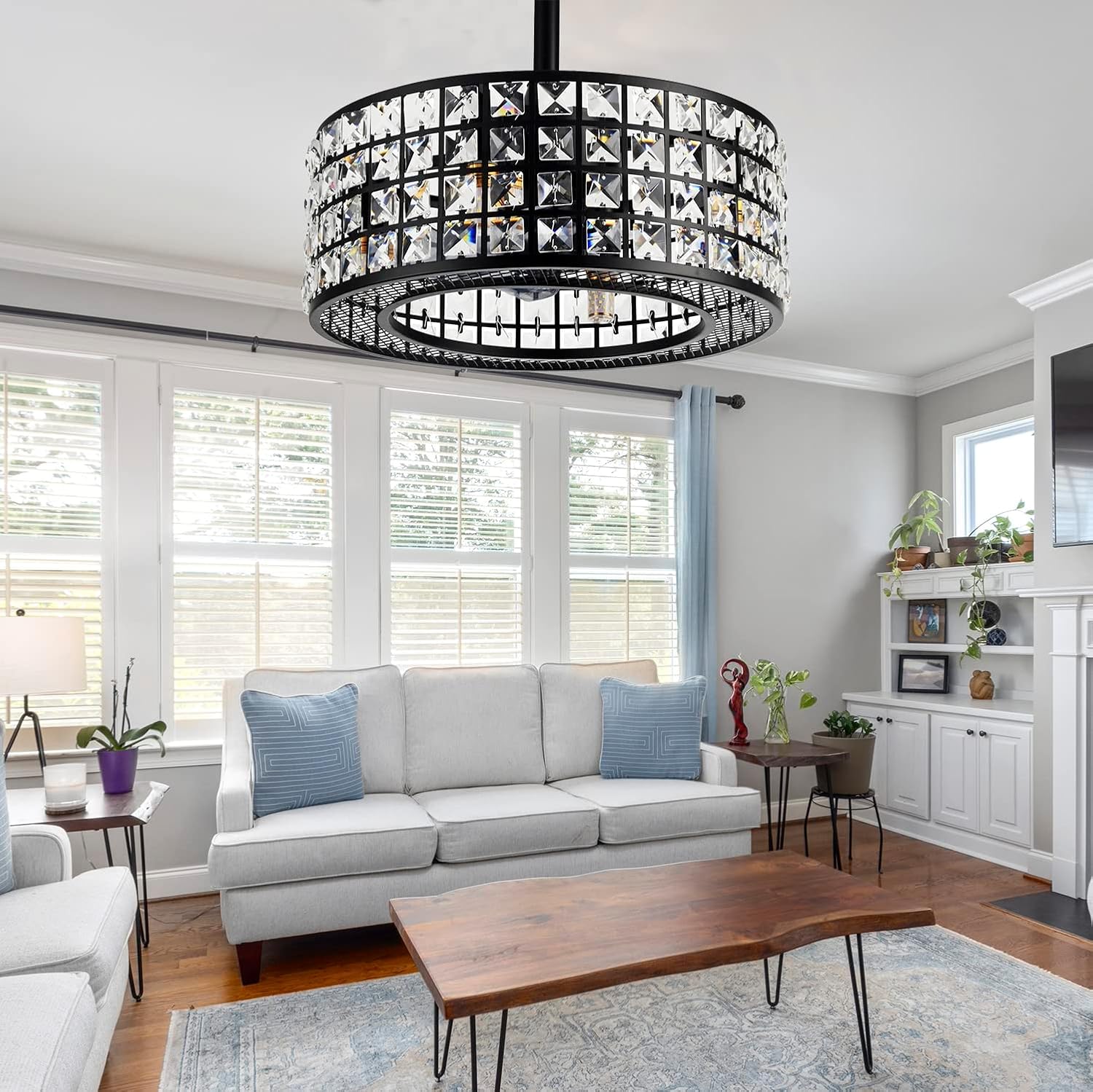 Fandian 18' Industrial Caged Ceiling Fan with Light,Bladeless Fan with 3 Speeds, Black Farmhouse Crystal Fandelier with Remote Control, Vintage Crystal Chandelier Fan for Dining Bedroom