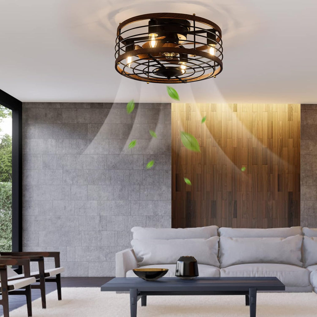 18' Caged Ceiling Fan with Light Flush Mount, Modern Farmhouse Fandelier with Timer & Control, 3-Speed, Ceiling Fan Light Fixture for Kitchen Bedroom Office Dark Brown 110V E26*4