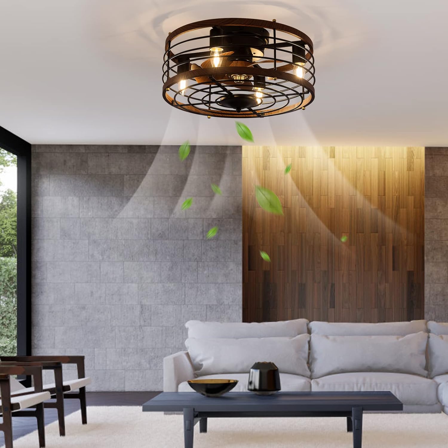 18' Caged Ceiling Fan with Light Flush Mount, Modern Farmhouse Fandelier with Timer & Control, 3-Speed, Ceiling Fan Light Fixture for Kitchen Bedroom Office Dark Brown 110V E26*4
