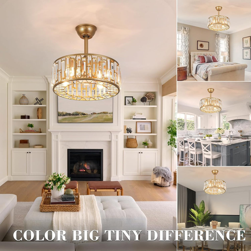 18.2' Gold Caged Ceiling Fans with Lights Remote Crystal Fandelier 4-Lights Flush Mount Fan Light Modern Enclosed Chandelier Fan with 6 Speeds for Bedroom Living Room Kitchen Dining Room Hallway