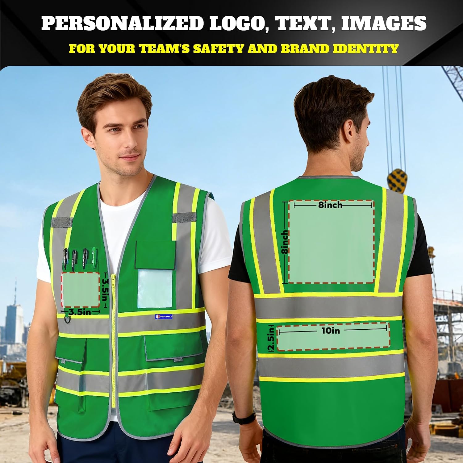 Custom Safety Vest Logo High Visibility Reflective Vest Ansi with Pockets Class 2 Hi Vis Security Construction Workwear