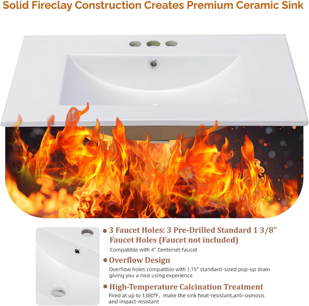 VINGLI 36 In Vanity Top Sink, 3 Pre-Drilled Standard 1 3/8' Faucet Holes,1 3/4' Diameter of Center Hole,Modern Rectangular Ceramic Single Sink Basin Vanity Top, 36' W x 18 1/3' D x 7' H,White
