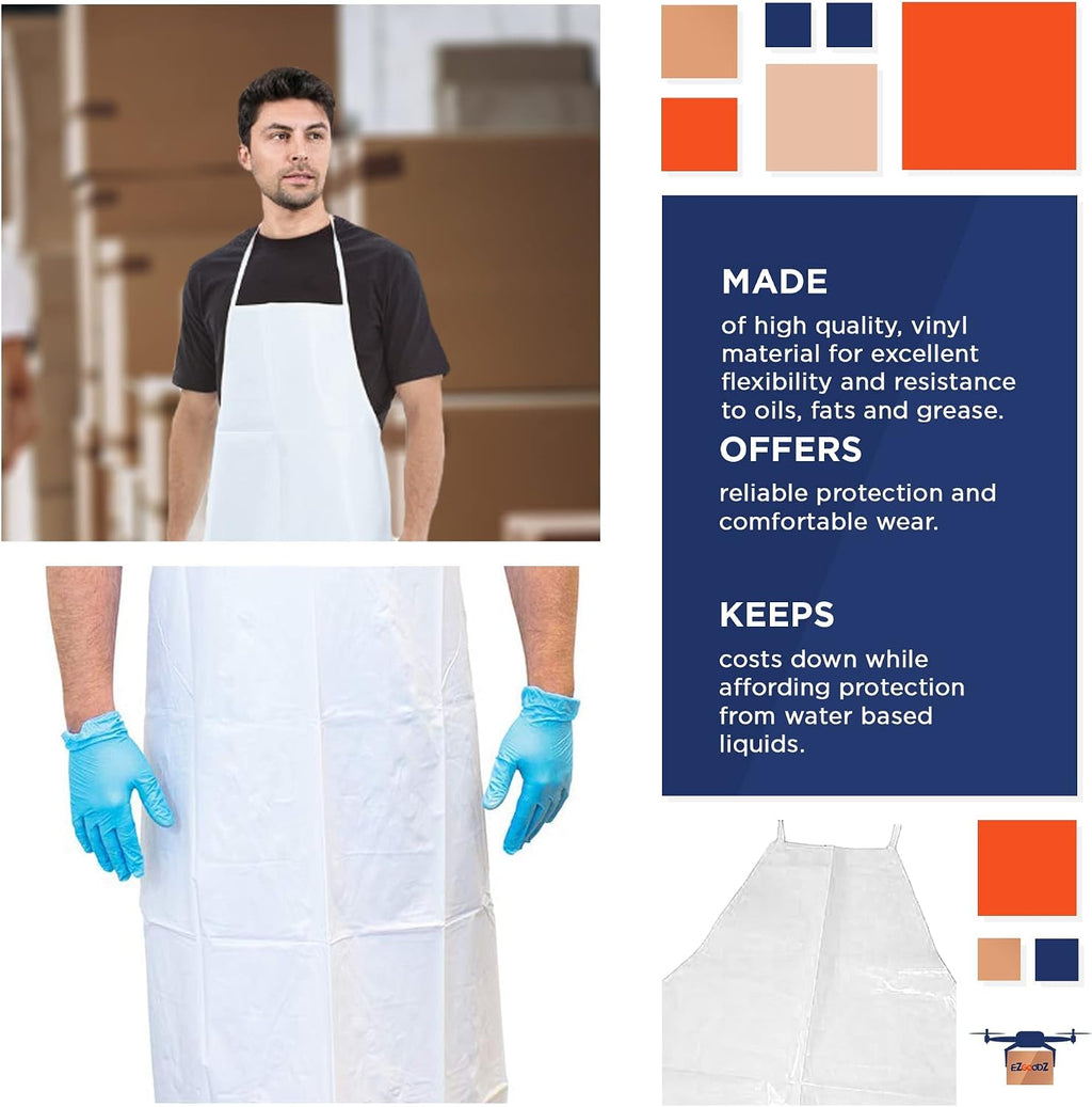 EZGOODZ Disposable Vinyl Aprons, Die Cut PVC Apron for Men and Women, Waterproof Aprons with Neck and Waist Ties, Pack of 72