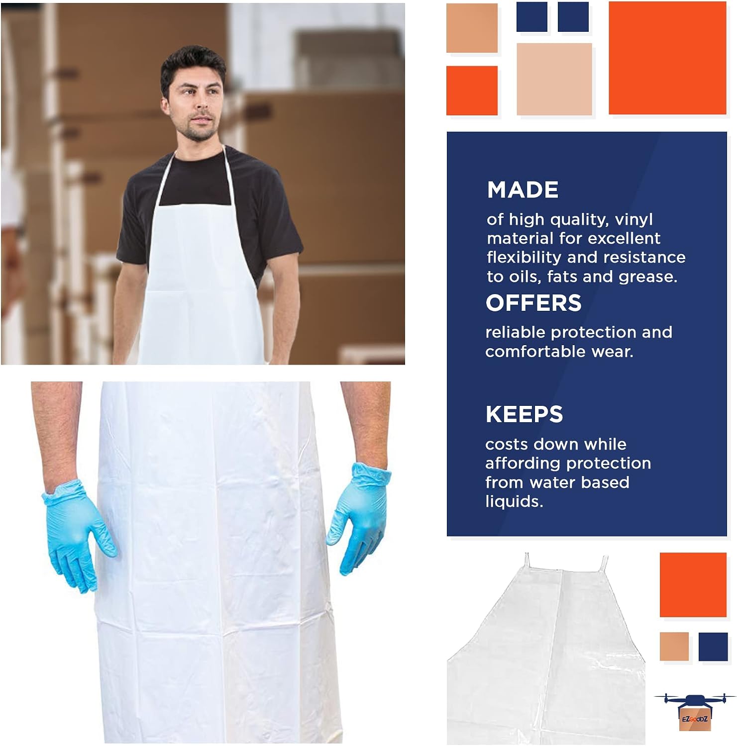 EZGOODZ Disposable Vinyl Aprons, Die Cut PVC Apron for Men and Women, Waterproof Aprons with Neck and Waist Ties, Pack of 72