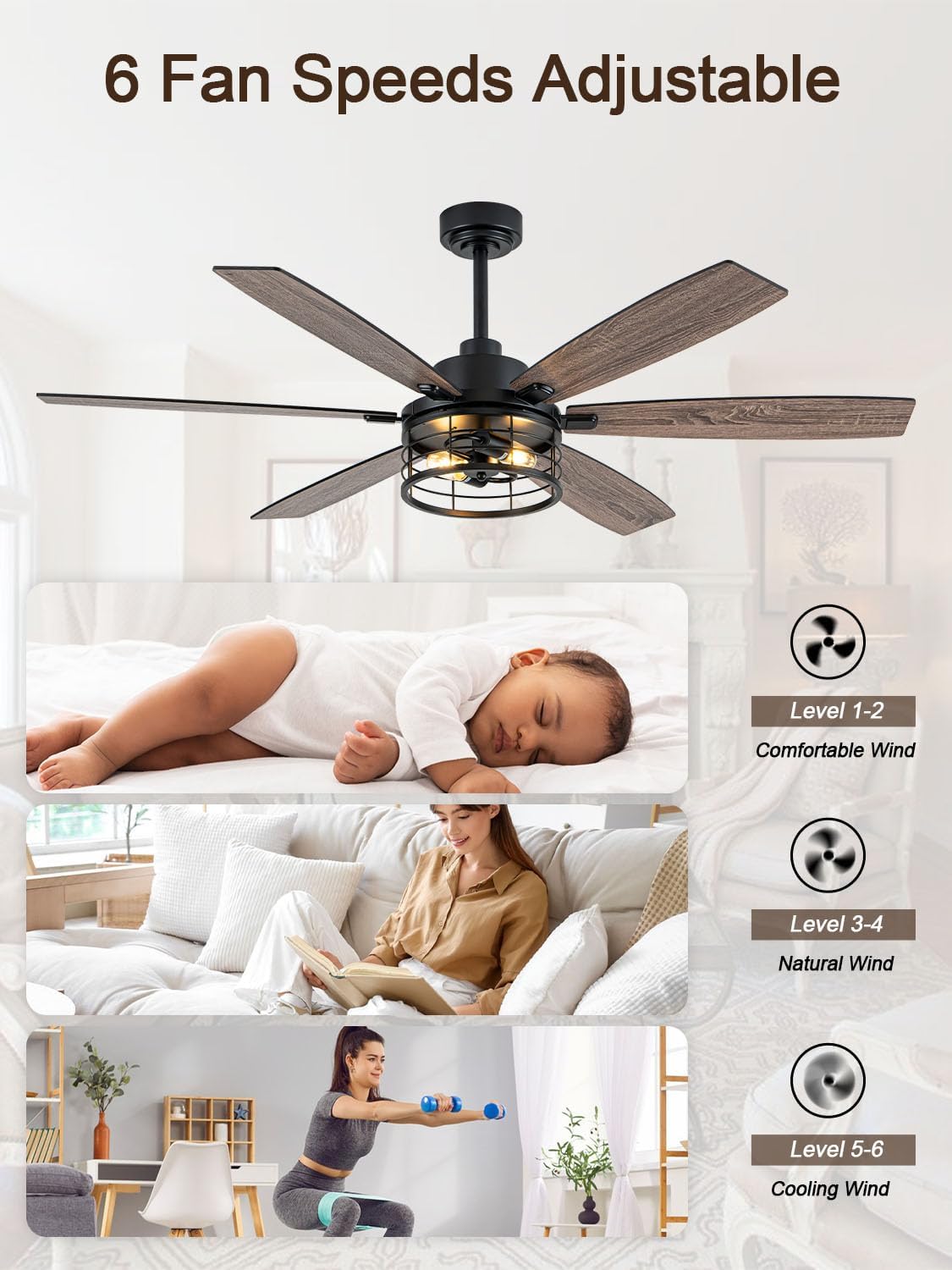 60 Inch Farmhouse Ceiling Fan with Lights and Remote Large Rustic Ceiling Fan Caged Fandelier Chandelier, 6 Dual Blades Reversible Quiet DC Motor 3CCT 6 Speed for Living Room Indoor Outdoor