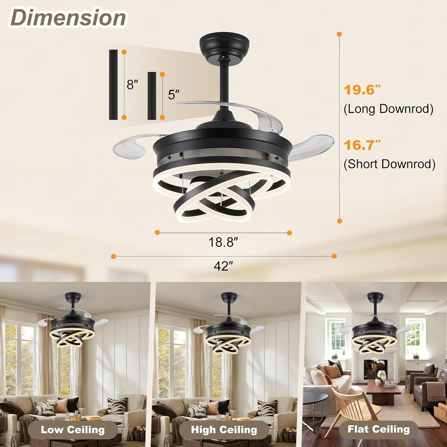 42' Retractable Ceiling Fans with Lights, Modern Fandelier Ceiling Fan with LED Light and Remote/APP Control 3 CCT, Reversible, 6 Wind Speed, Chandelier Ceiling Fan for Bedroom, Living Room Black